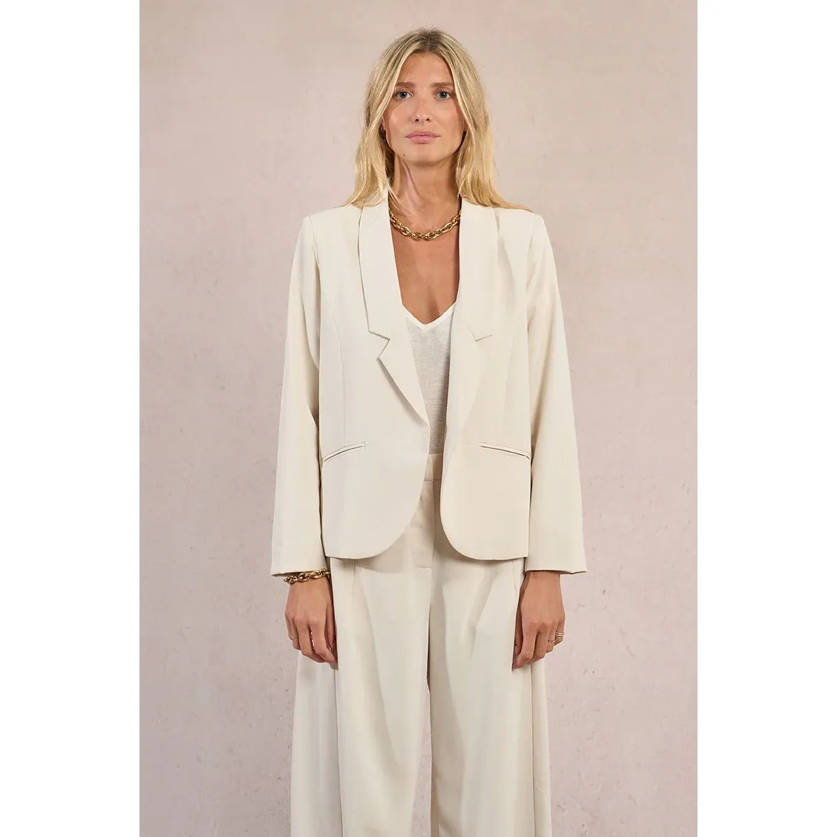 Ivory Molly Bracken straight blazer on model with tailored collar and clean open-front silhouette.