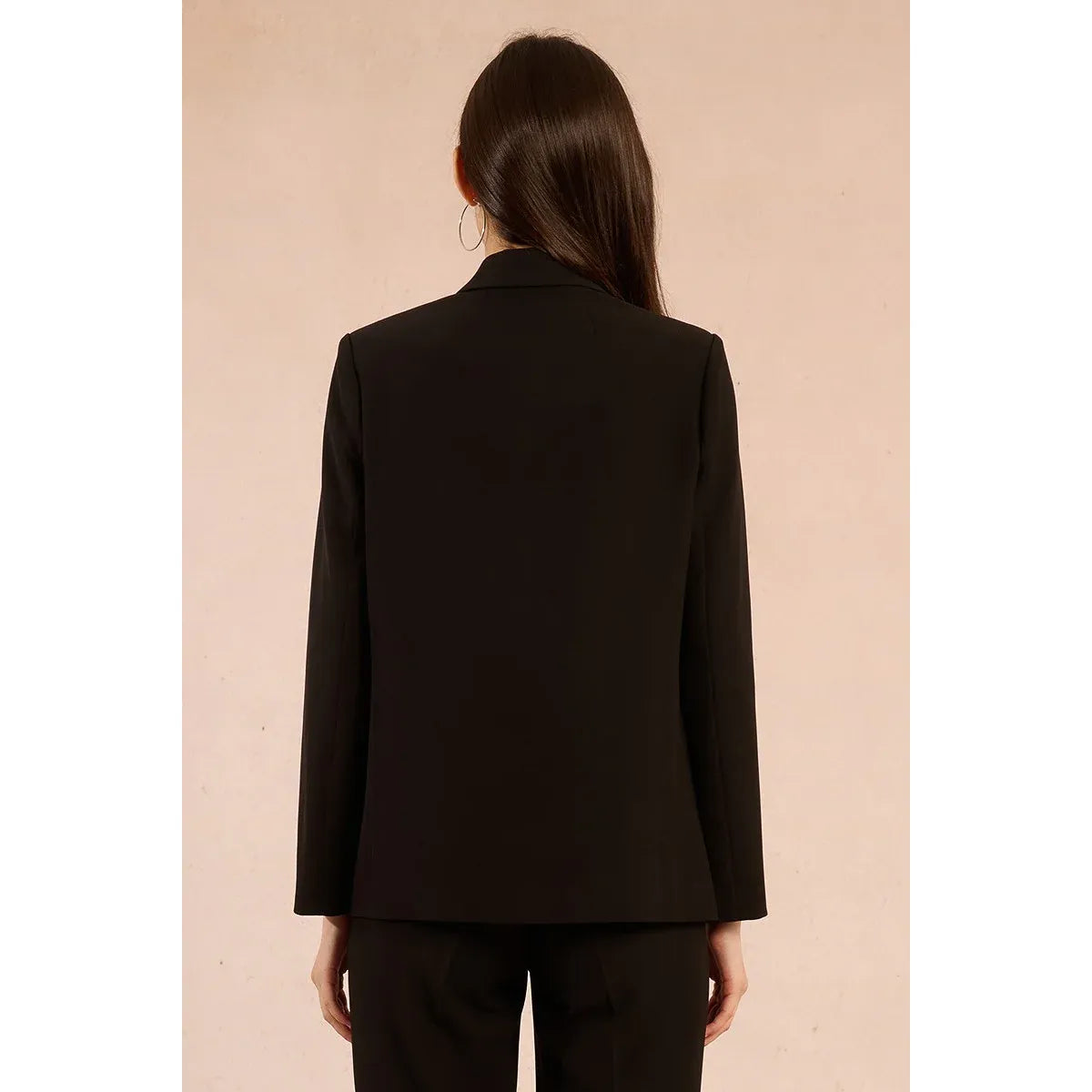Model wearing Molly Bracken Woven Blazer - tailored black blazer with structured silhouette and wide collar.