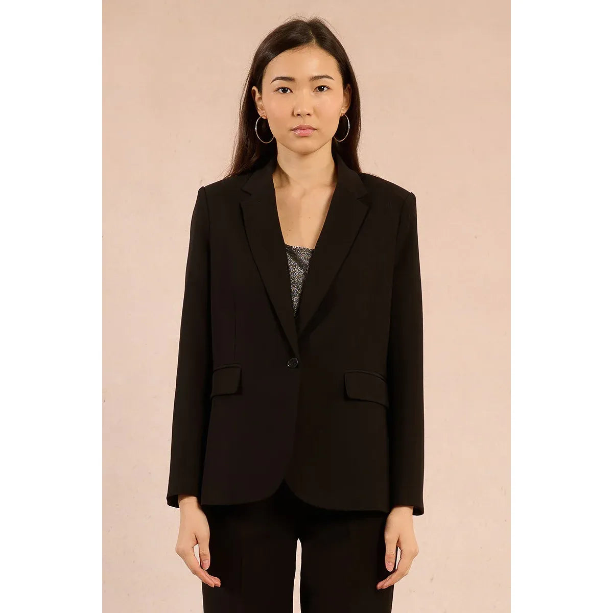 Molly Bracken Woven Blazer with structured silhouette, notch lapels, single-button front, long sleeves.
