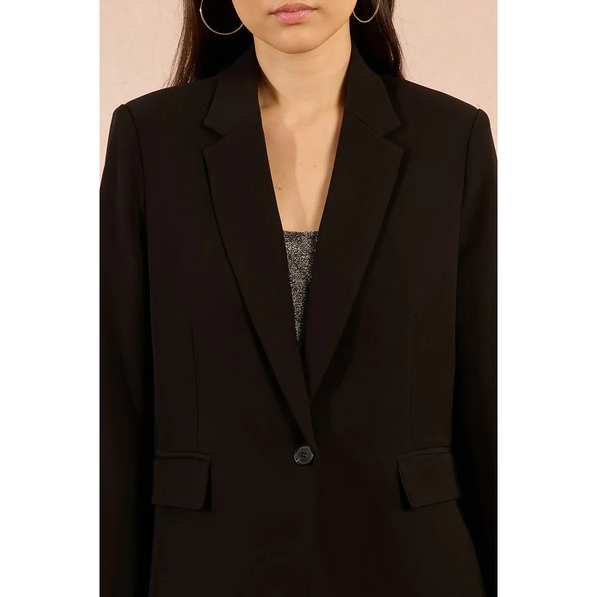 Molly Bracken Woven Blazer: black tailored blazer with wide collar, long sleeves, single button, structured silhouette.