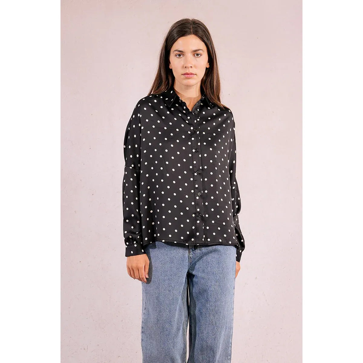 Molly Bracken Polka Dot Blouse: black with white polka dots, long sleeves with buttoned cuffs.