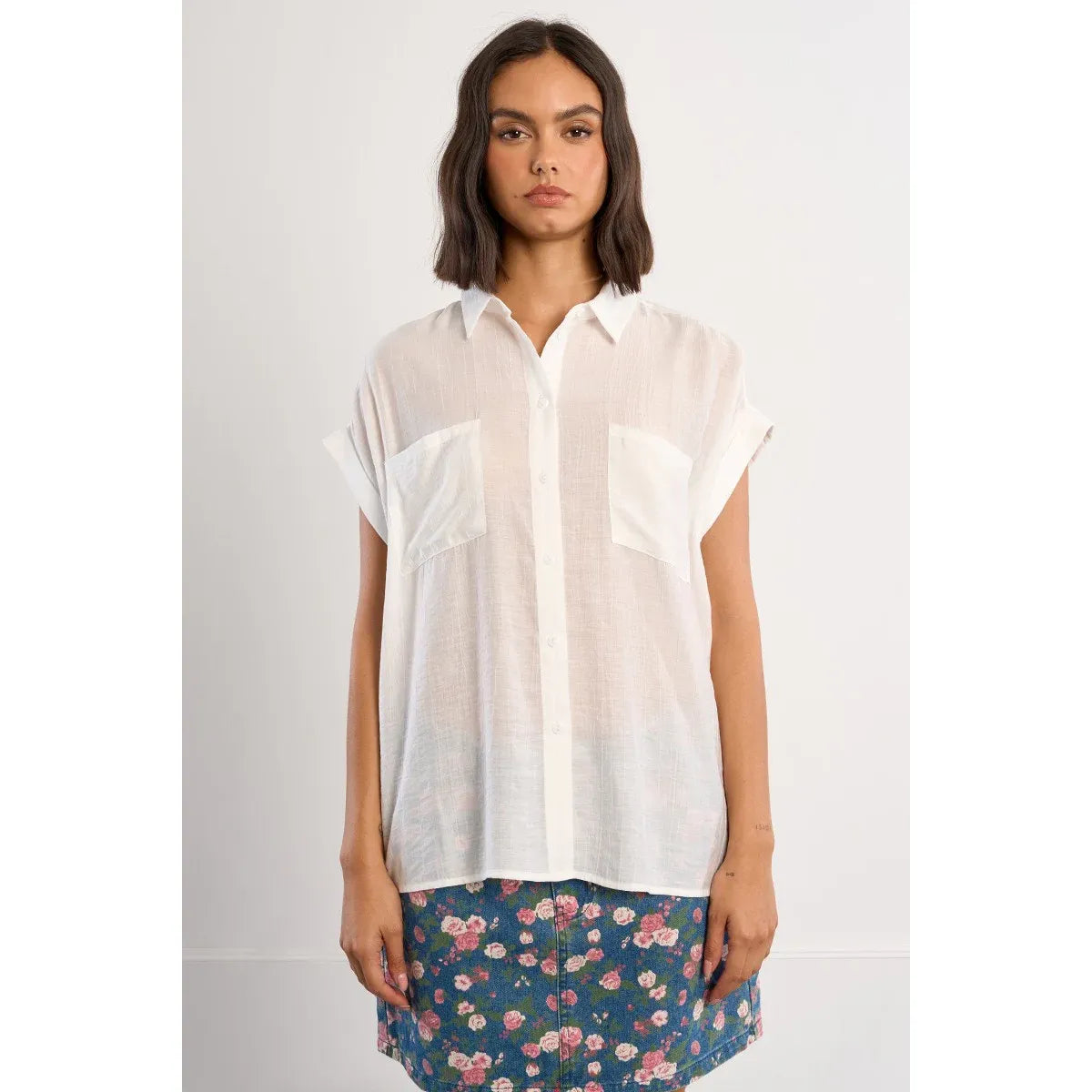 Molly Bracken Woven Short Sleeve Top: white sheer blouse with front buttons and two chest pockets.