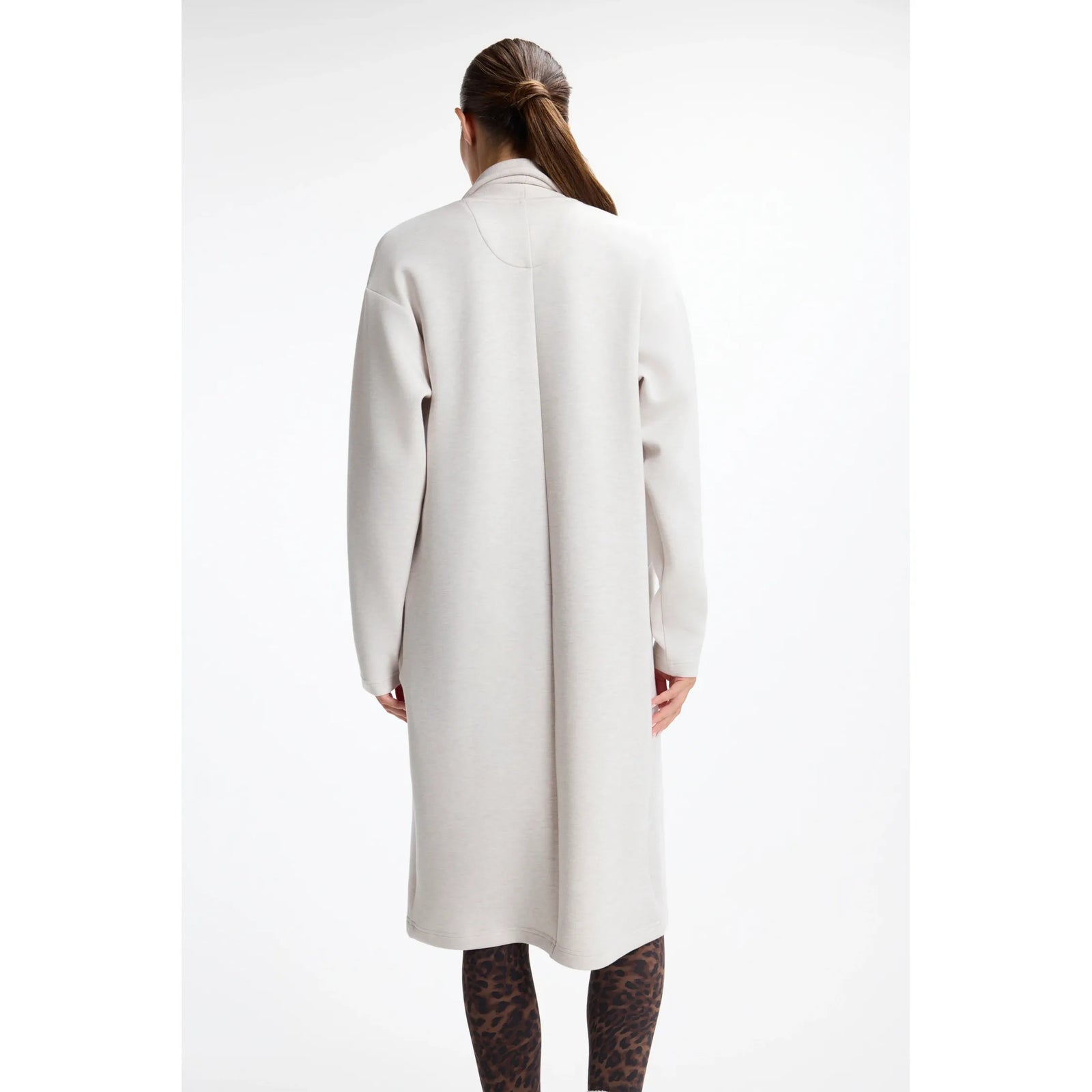 Back view of the light heather grey MPG Dreamweave long cardigan showing its clean longline silhouette and central back seam detail.