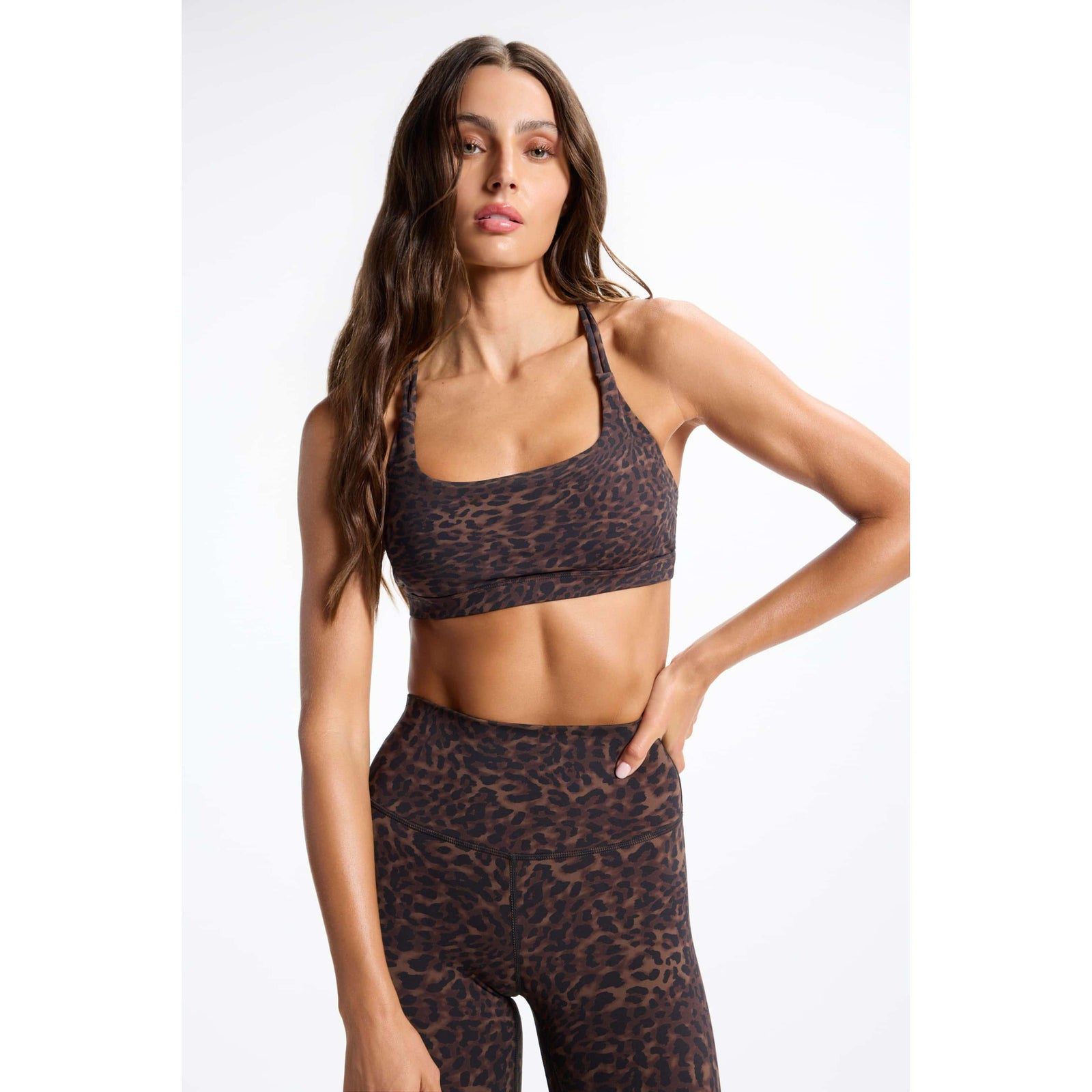 Leopard print strappy sports bra with a square neckline and thin straps, designed for modern style and functional performance.