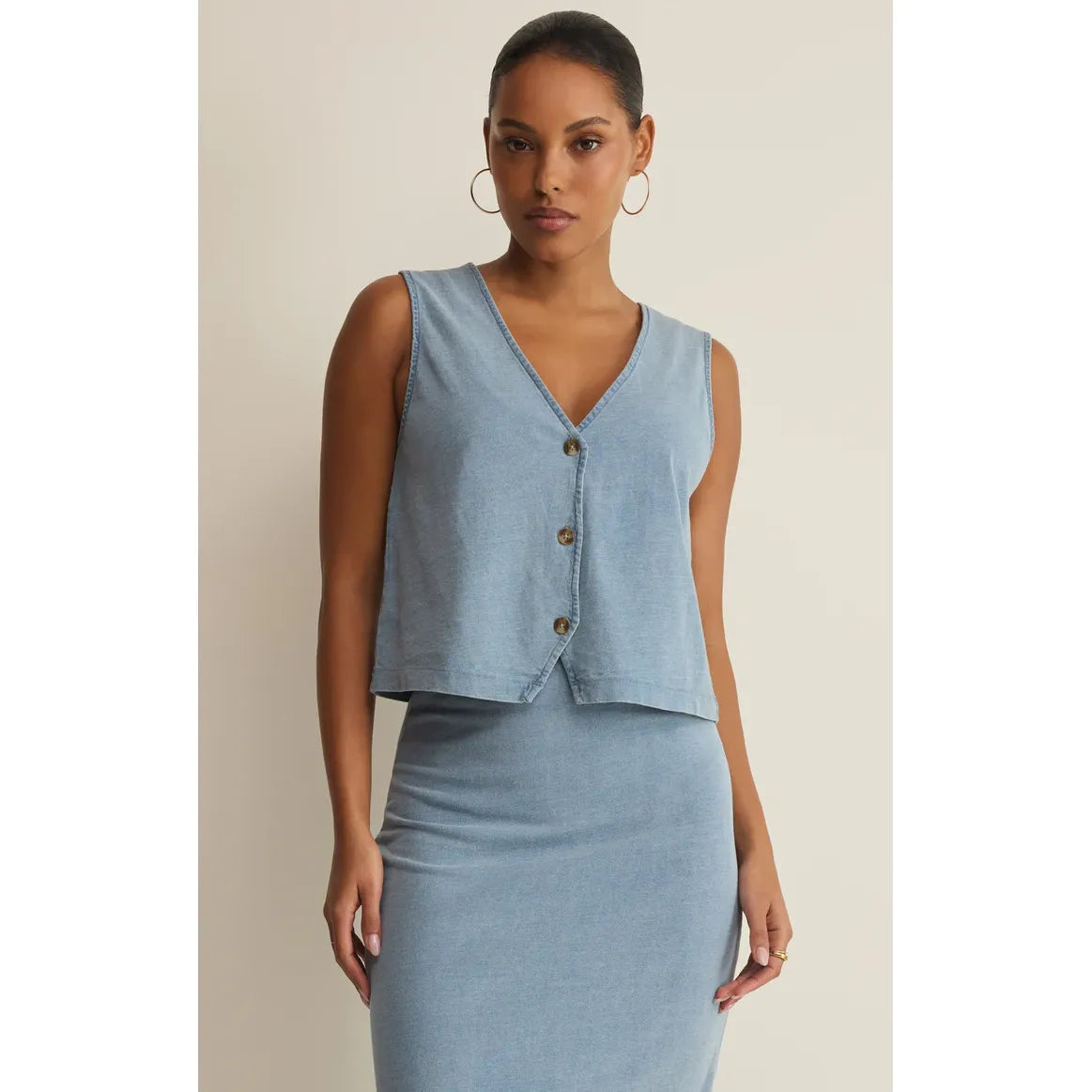 Z Supply Noelle Jersey Denim Tank, sleeveless v-neck top with button front in light blue denim