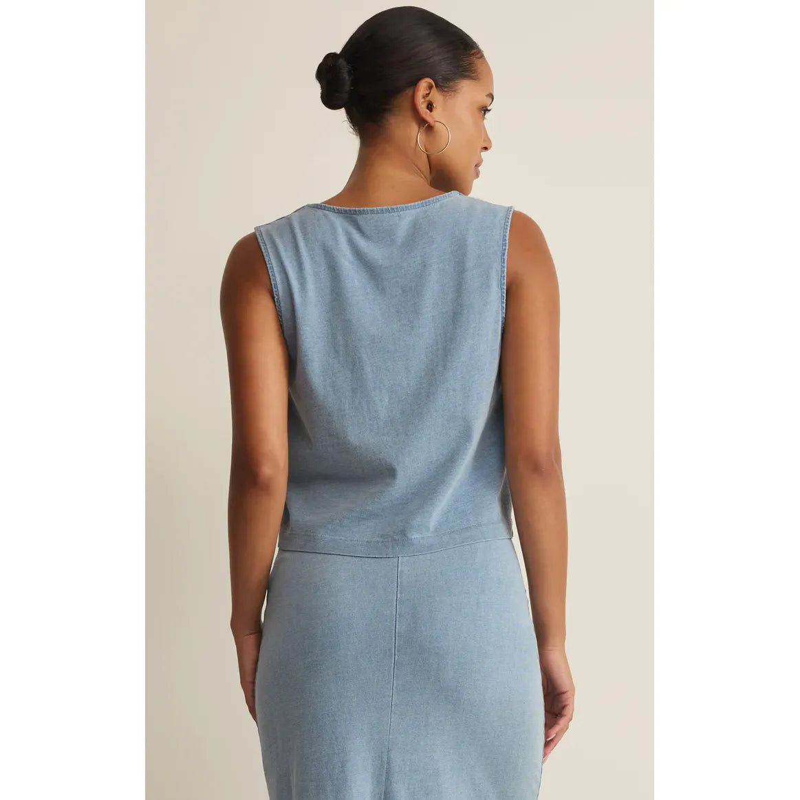 Z Supply Noelle Jersey Denim Tank, sleeveless v-neck top with button front in light blue denim
