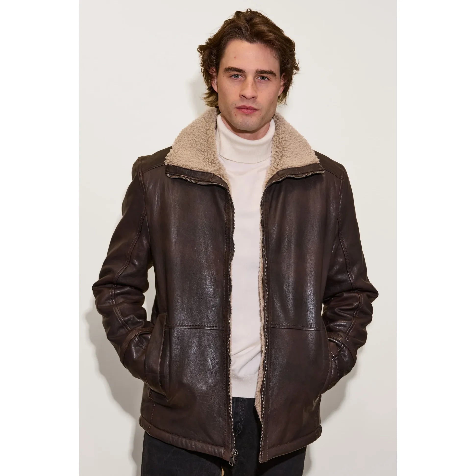 Mauritius UF Shearling Jacket: dark brown lambskin leather with a cream teddy collar, zip front.