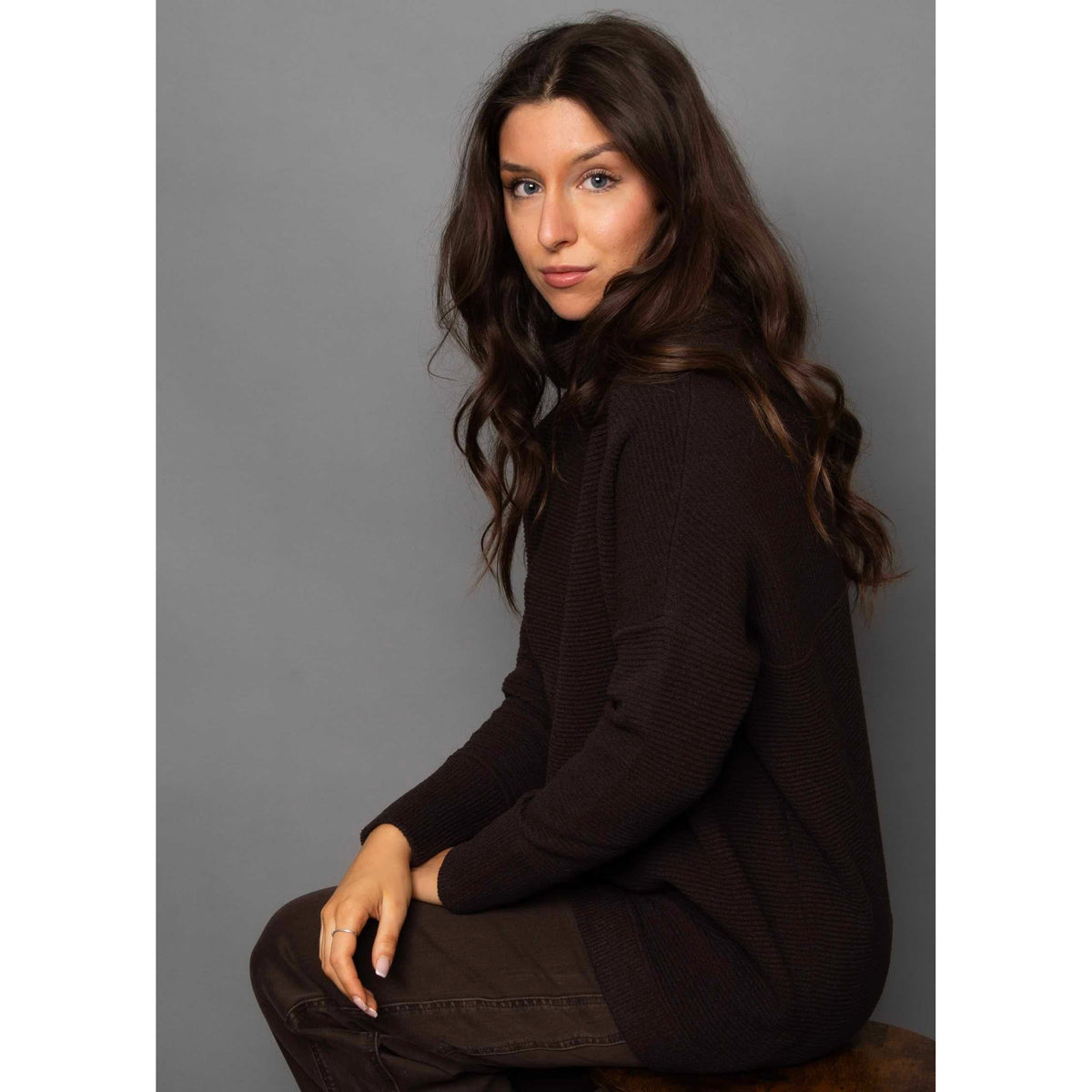 RD Style Ottoman Mock Neck Sweater in dark walnut, a versatile knit for all body types and seasons.