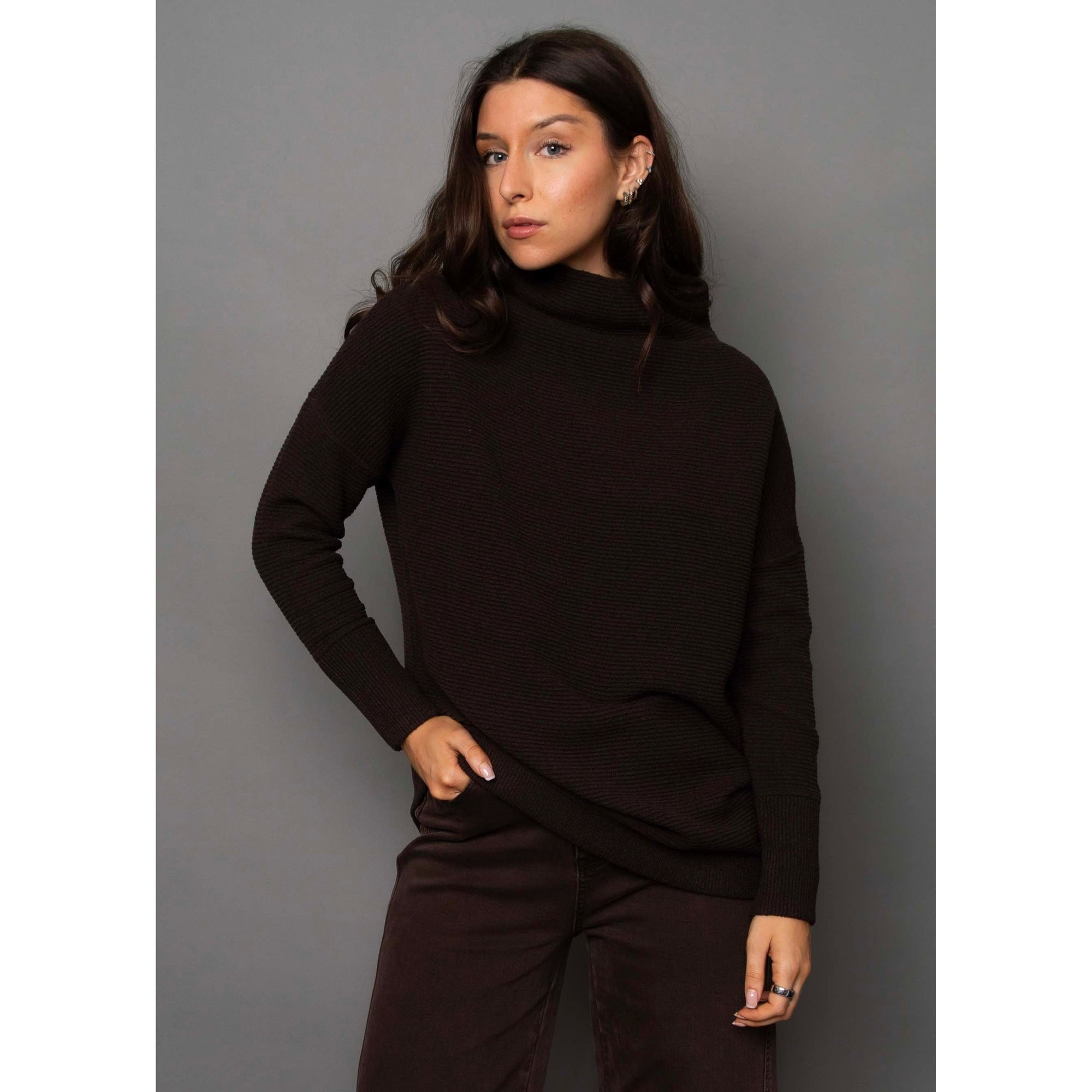 Ottoman Mock Neck Sweater in dark walnut from RD Style, a versatile knit for all outfits.