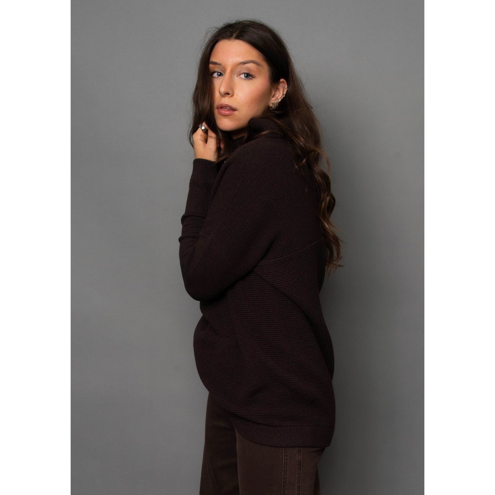 Ottoman Mock Neck Sweater by RD Style in dark walnut, a versatile knit top for all seasons.