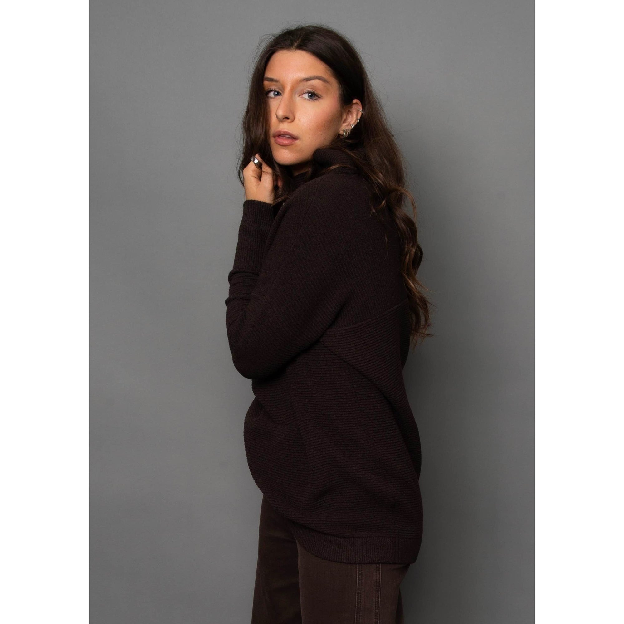 Ottoman Mock Neck Sweater by RD Style in dark walnut, a versatile knit top for all seasons.