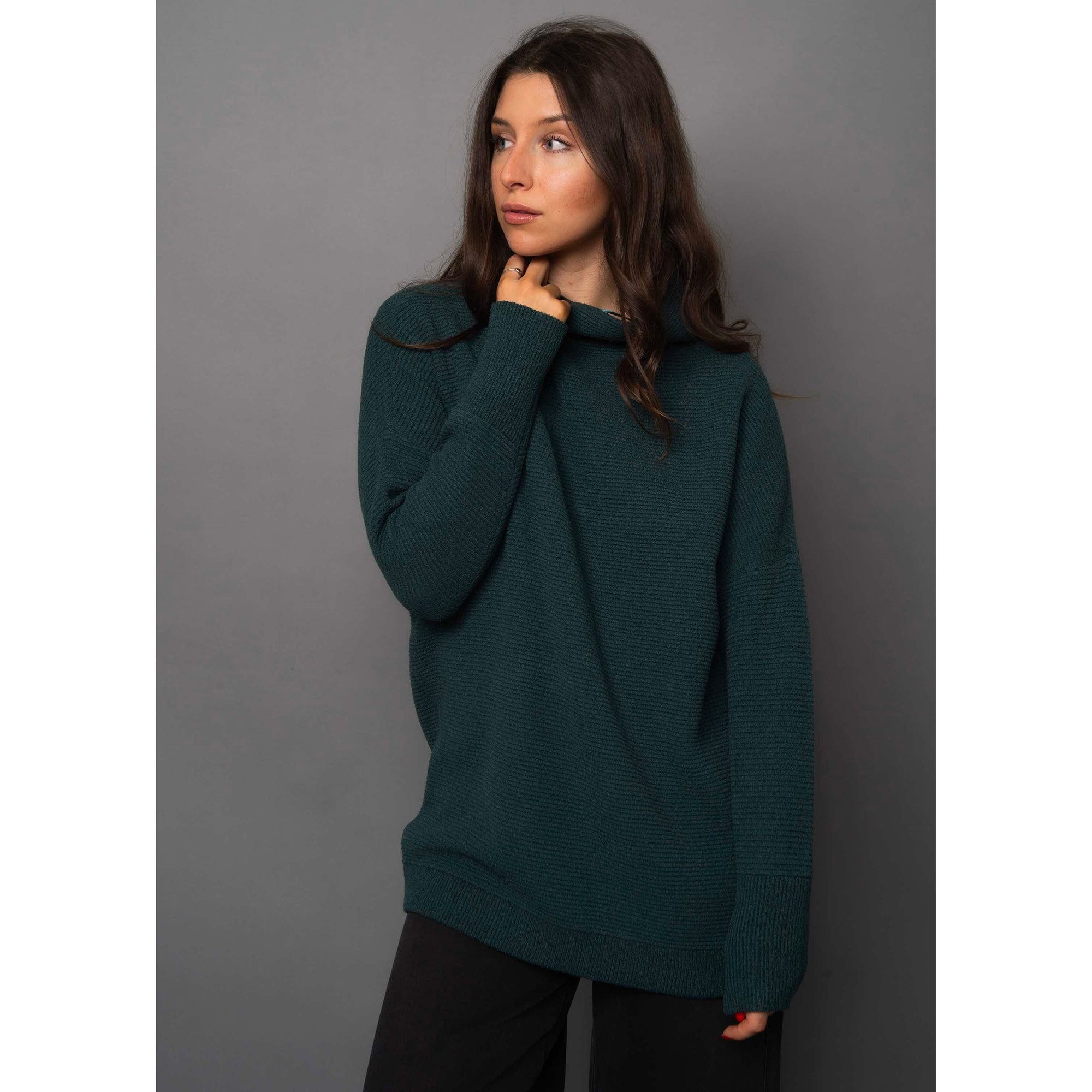 Ottoman Mock Neck Sweater by RD Style in hunter green—versatile, year-round knit for all body types.