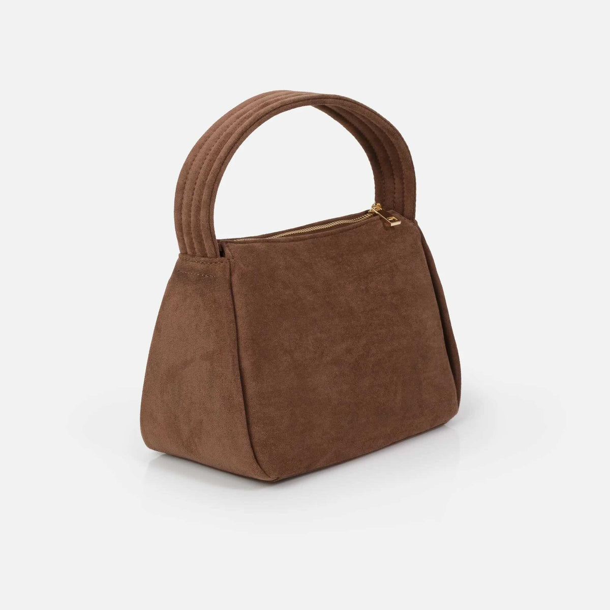 Pale brown suede handbag with double curved handles, gold-tone hardware, compact minimalist silhouette.