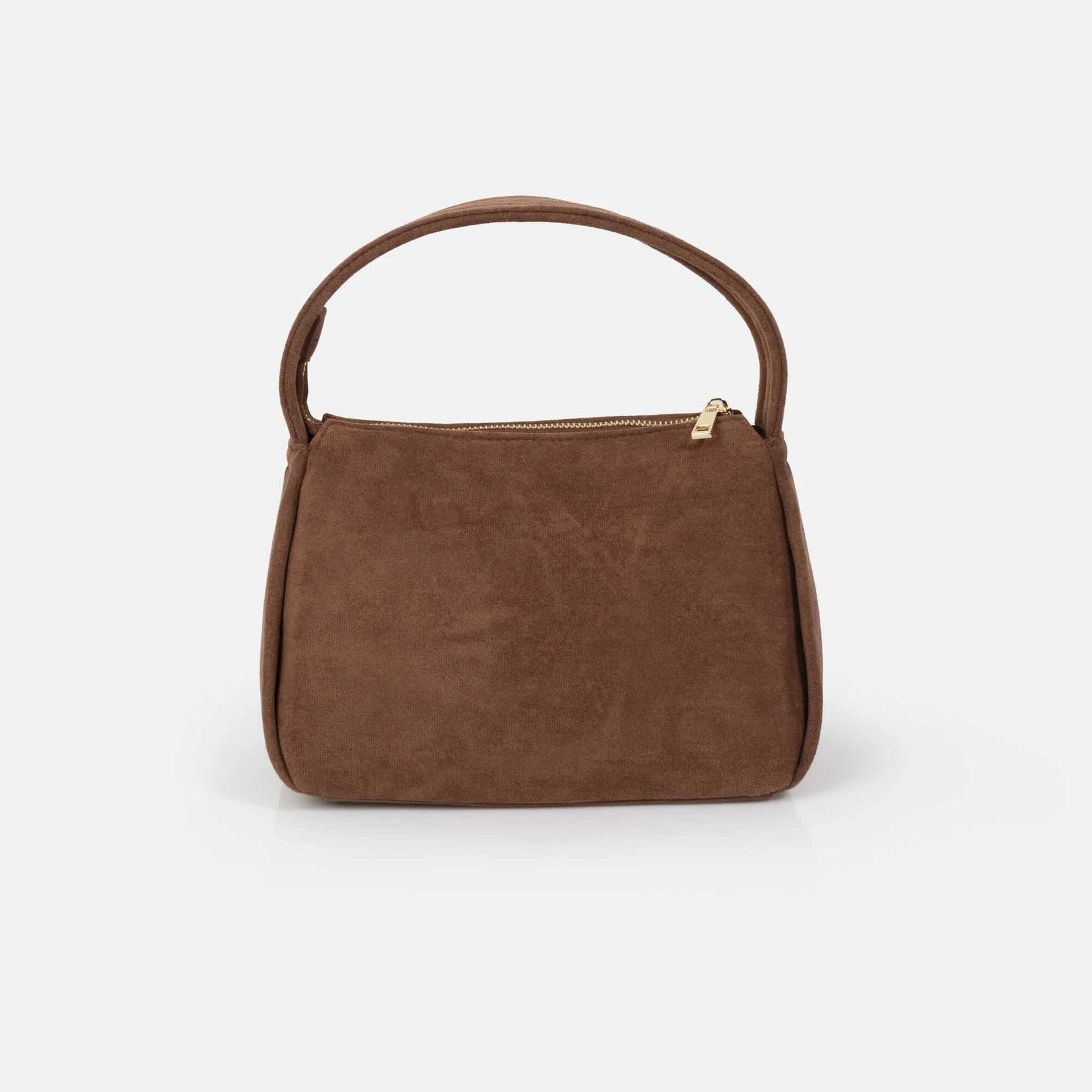 Pale brown suede handbag with gold-tone hardware, compact minimalist silhouette and zip top.
