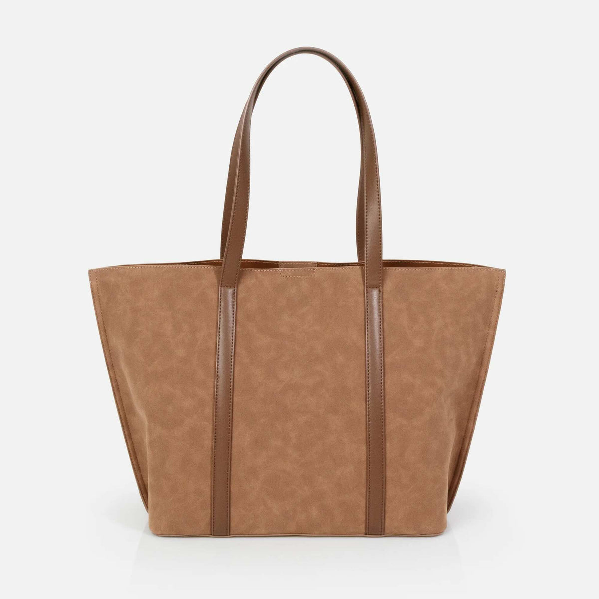 Pale brown suede‑effect handbag with two handles, clean lines, refined stitching.