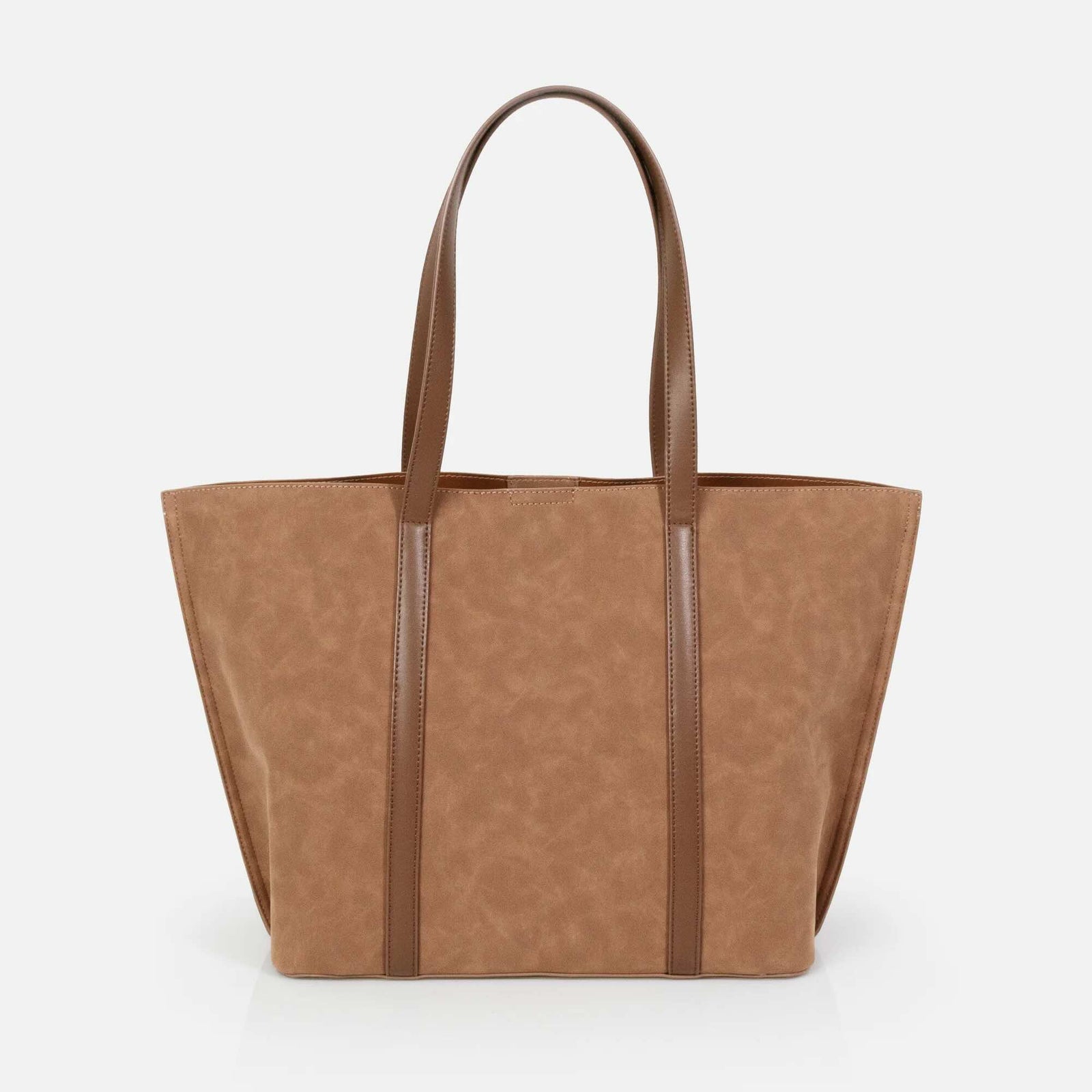 Pale brown suede‑effect handbag with two handles, clean lines, refined stitching.