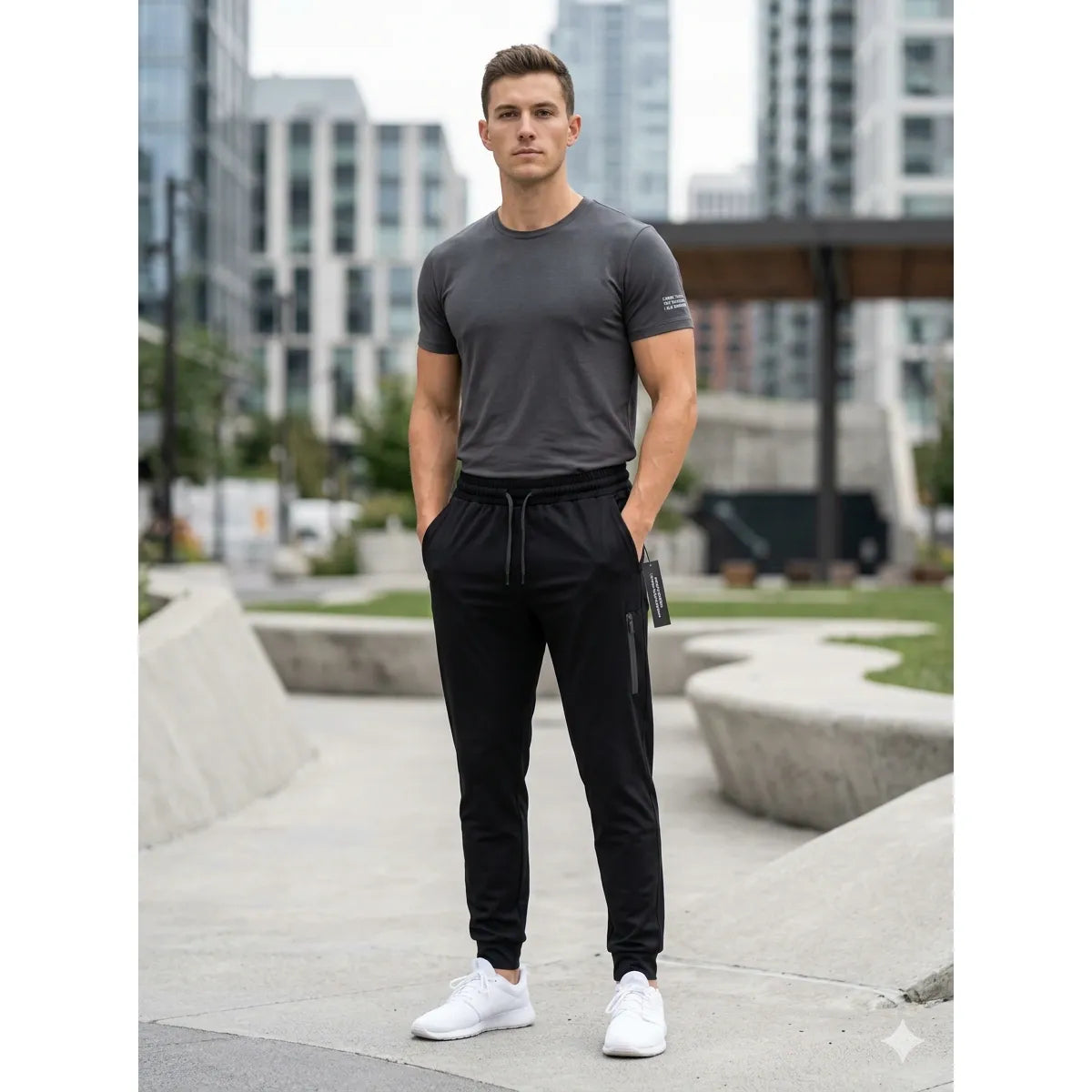 Park & Rec Joggers on a male model; black tapered joggers with 22% spandex in an urban park.