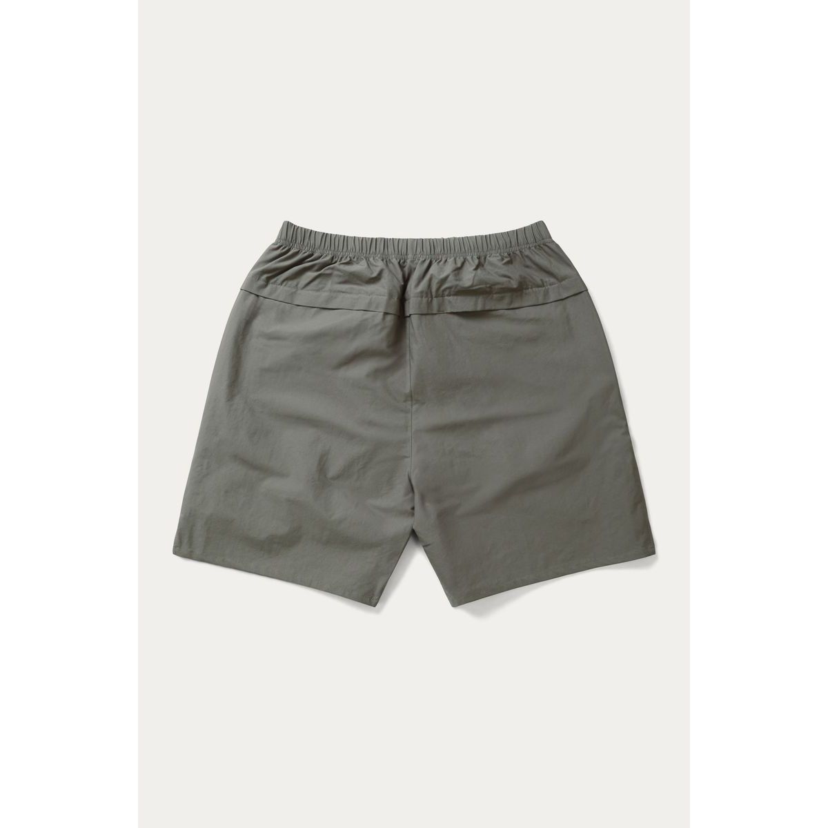 Park & Rec Nylon Shorts back view with elastic waistband, center back seam, gray quick-dry fabric.