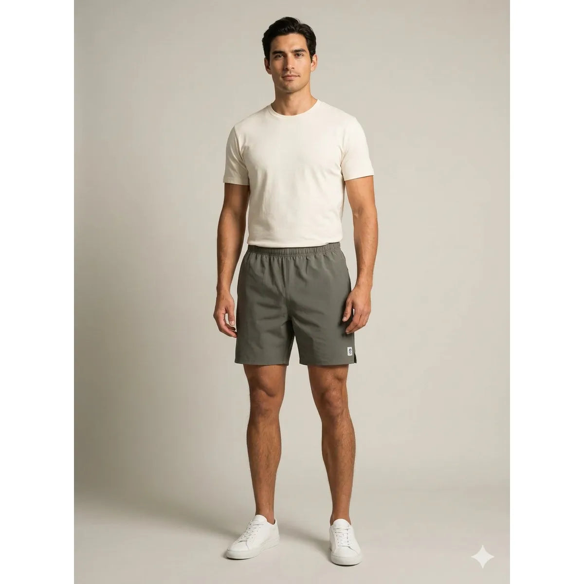 Park &amp; Rec Nylon Shorts worn by a male model in a white tee; lightweight gray quick-dry shorts.