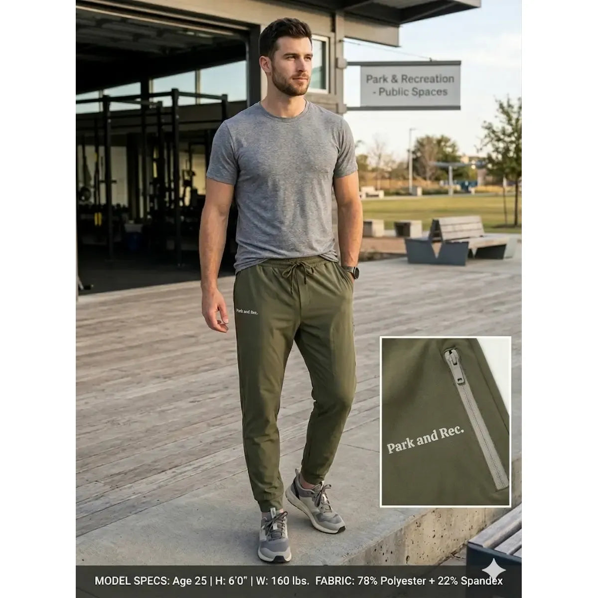 Park & Rec Joggers on a male model; black tapered joggers with 22% spandex in an urban park.