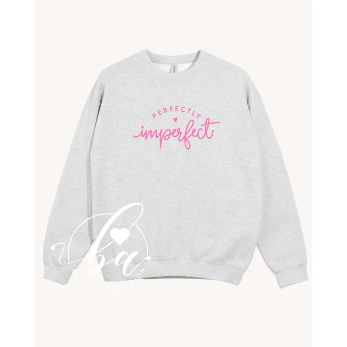 Grey unisex Classic Crew sweatshirt with pink Perfectly Imperfect script and heart accent.