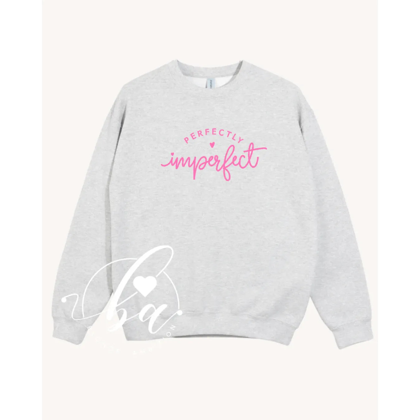 Grey unisex Classic Crew sweatshirt with pink Perfectly Imperfect script and heart accent.