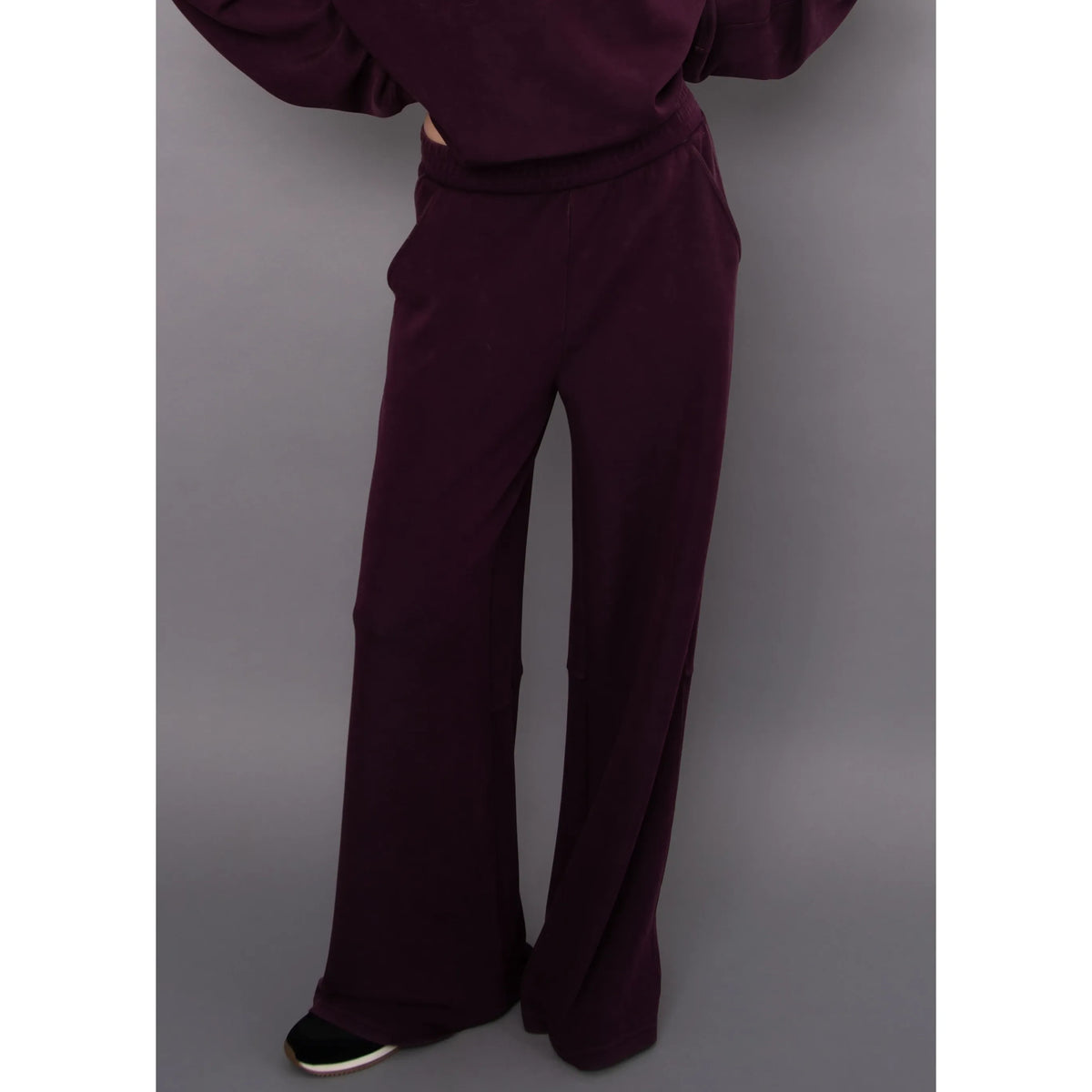 Phyllis soft knit mineral wash pull-on pants in deep burgundy with a relaxed fit and elastic waistband.