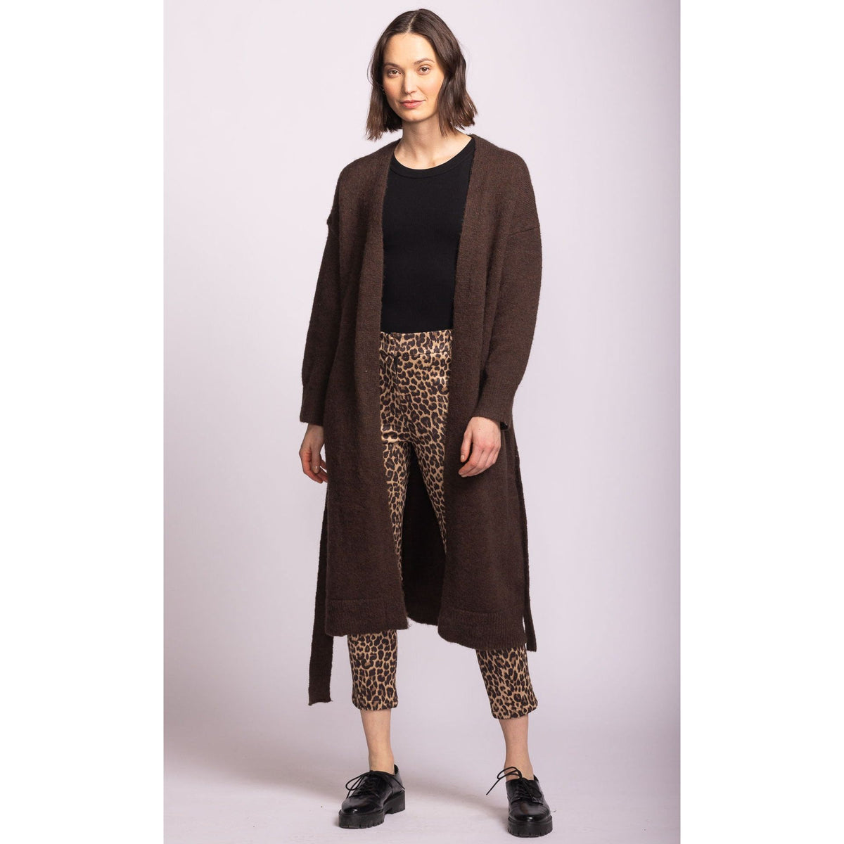 Pink Martini Kiki Sweater long brown belted cardigan on model for autumn layering.