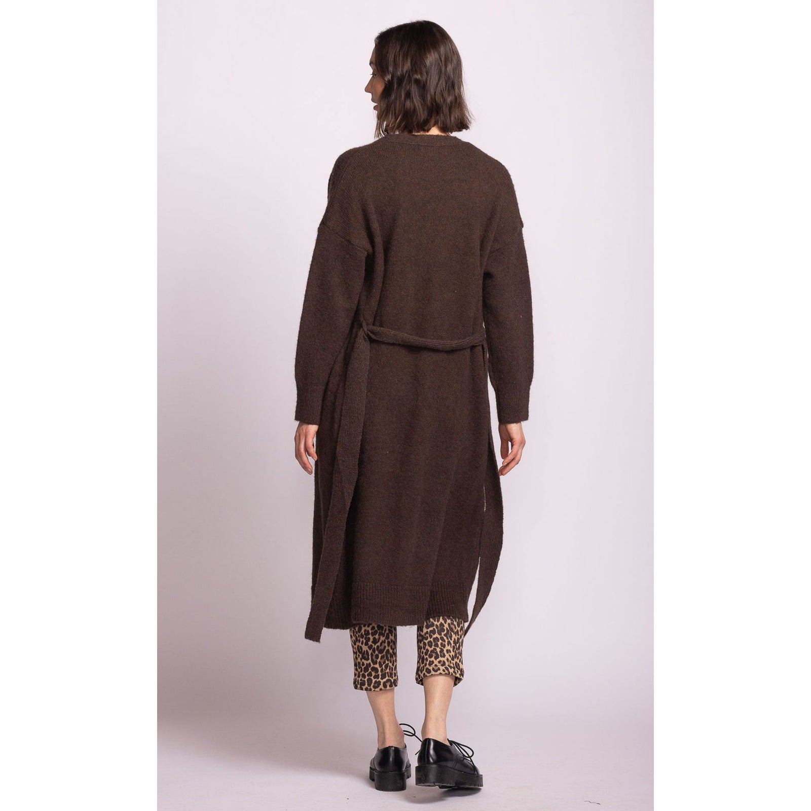 Pink Martini Kiki Sweater, a long belted brown knit for bold autumn layering.