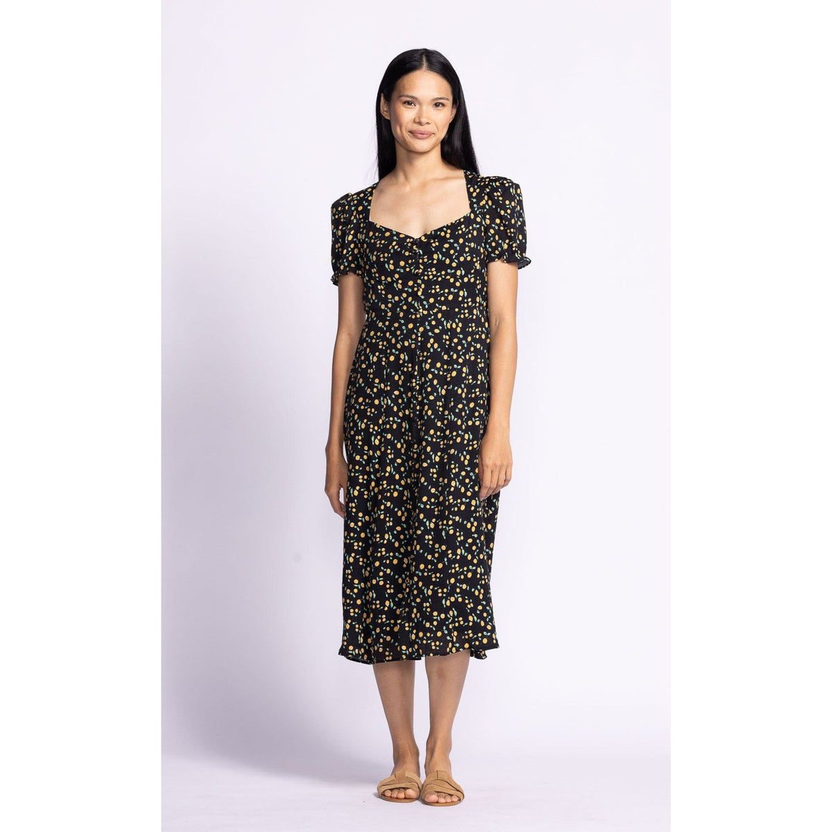 Flirty Pink Martini Lala Dress with puff sleeves and a sweetheart neckline, perfect for any occasion.