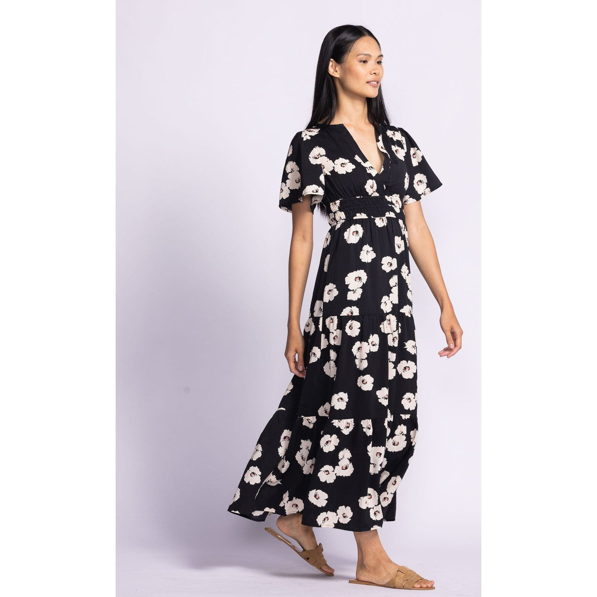 Stylish Pink Martini Margaret Dress with puffed sleeves and a sweetheart neckline, perfect for any casual outing.