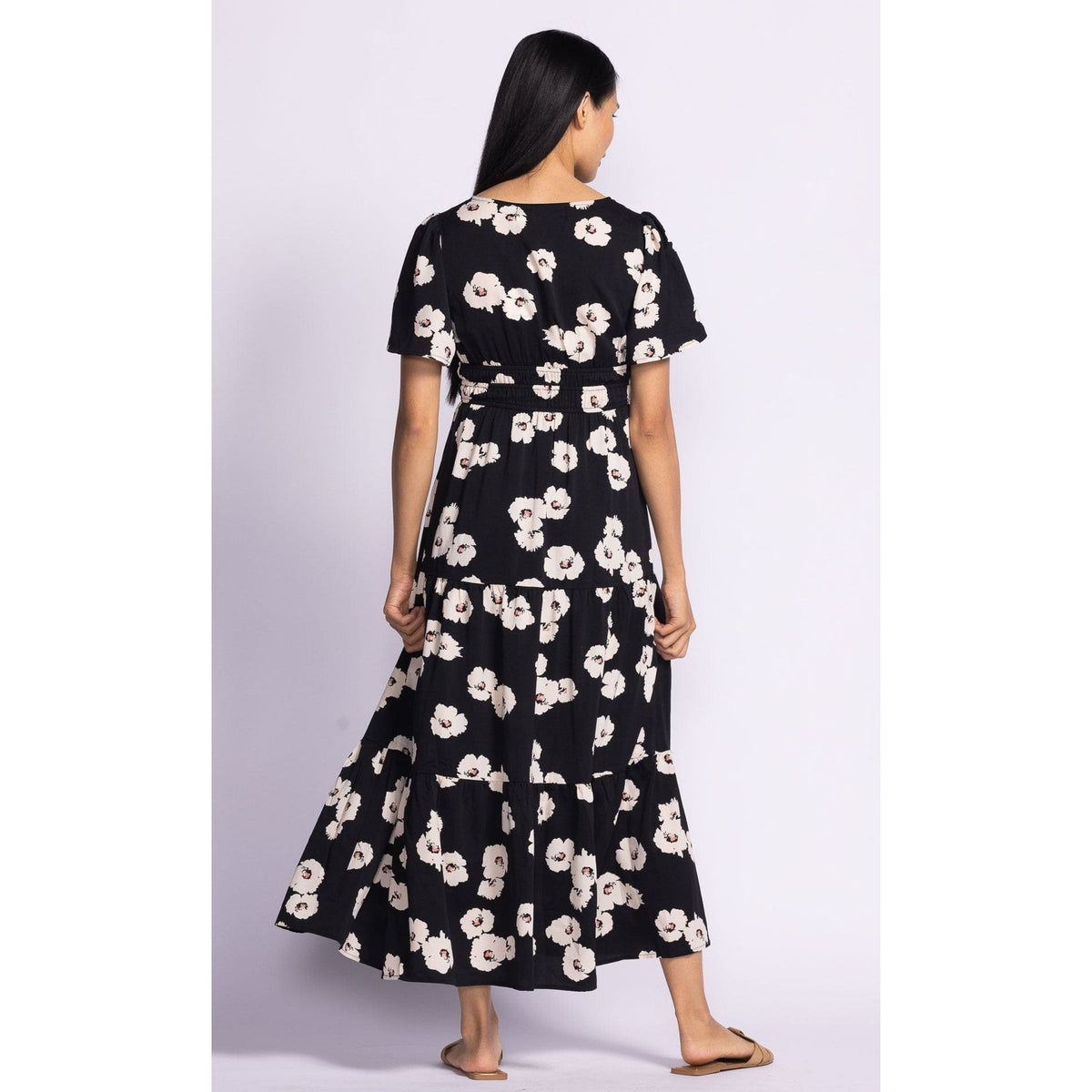 Flowy Pink Martini Margaret Dress with puffed sleeves and a self-tie belt, ideal for casual outings or dressy occasions.