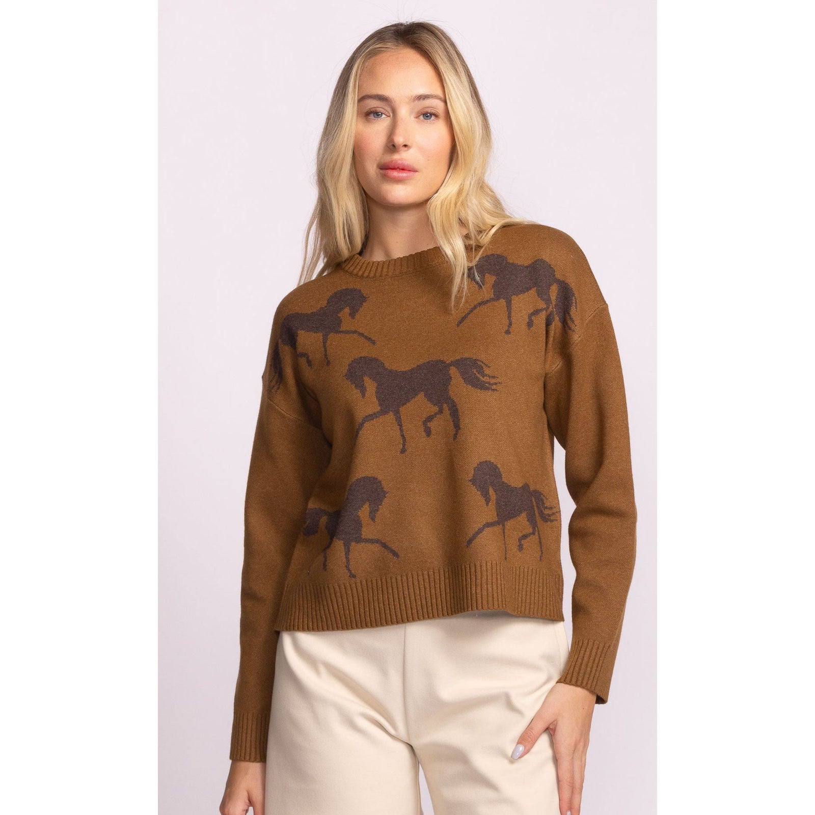 Pink Martini Meadow Sweater: brown horse-print knit on a model, long-sleeve crew neck.