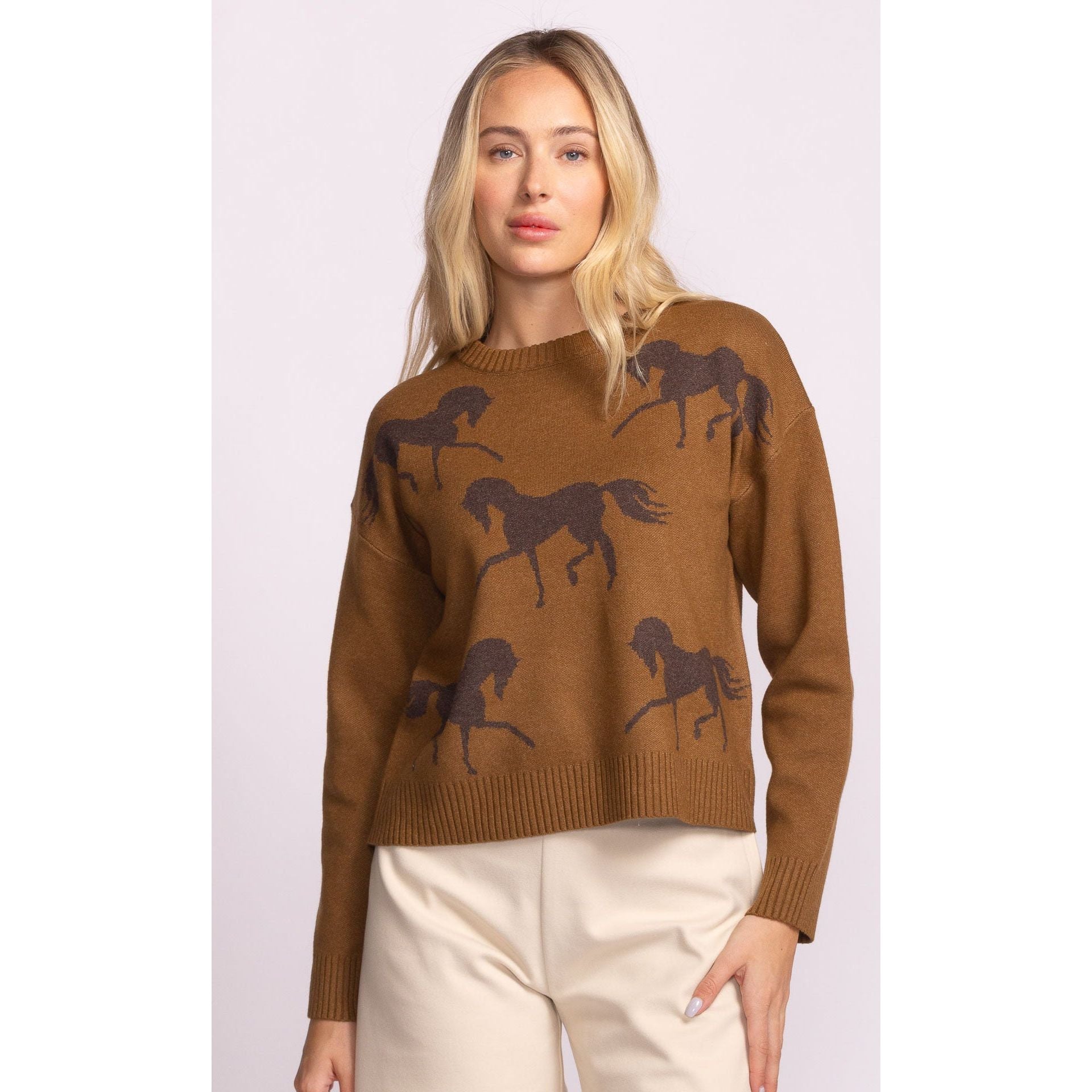 Pink Martini Meadow Sweater: brown horse-print knit on a model, long-sleeve crew neck.