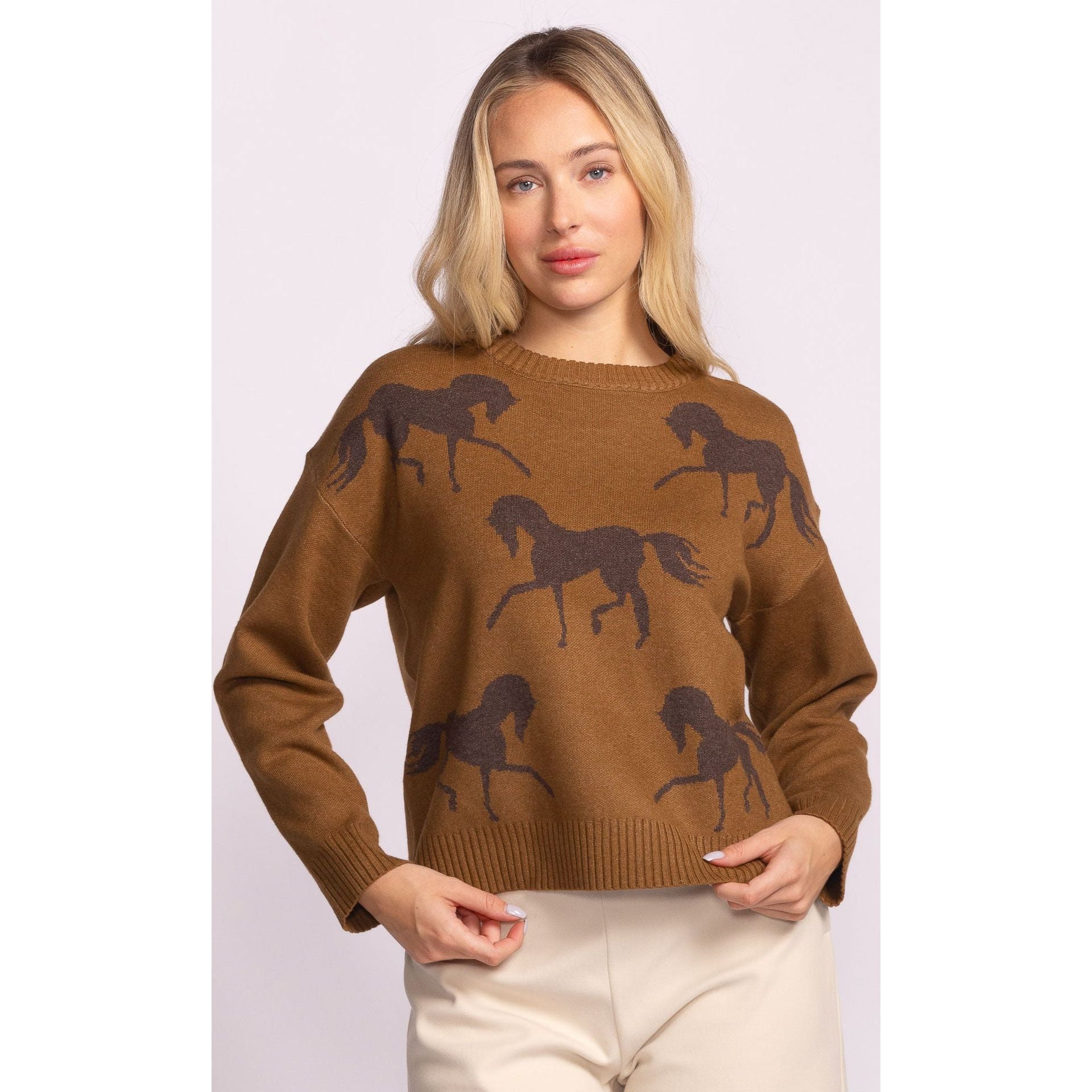Pink Martini Meadow Sweater on model, brown knit with dark horse print and crew neck.