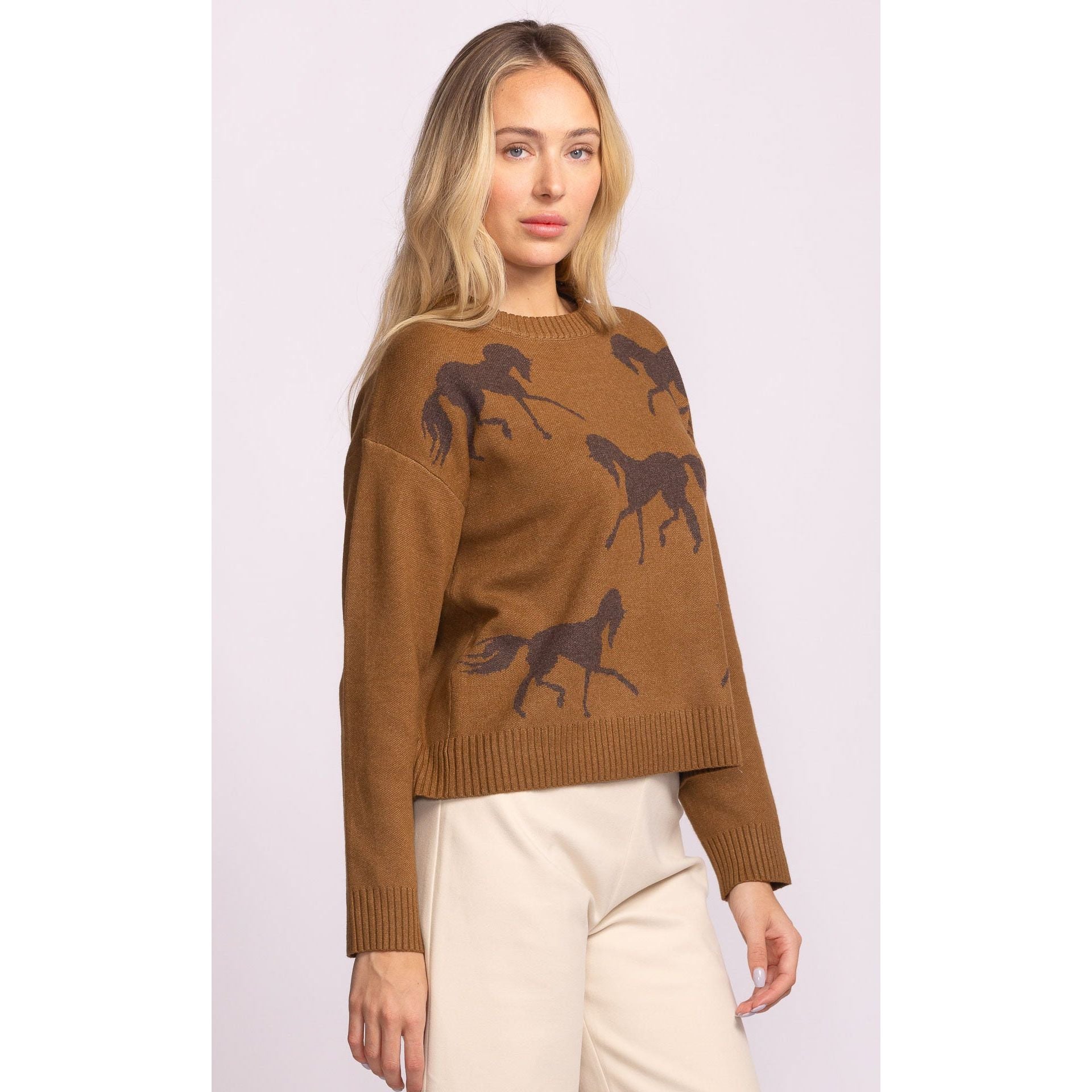 Pink Martini Meadow Sweater with brown horse print, crew-neck knit in nylon/polyester/viscose blend.