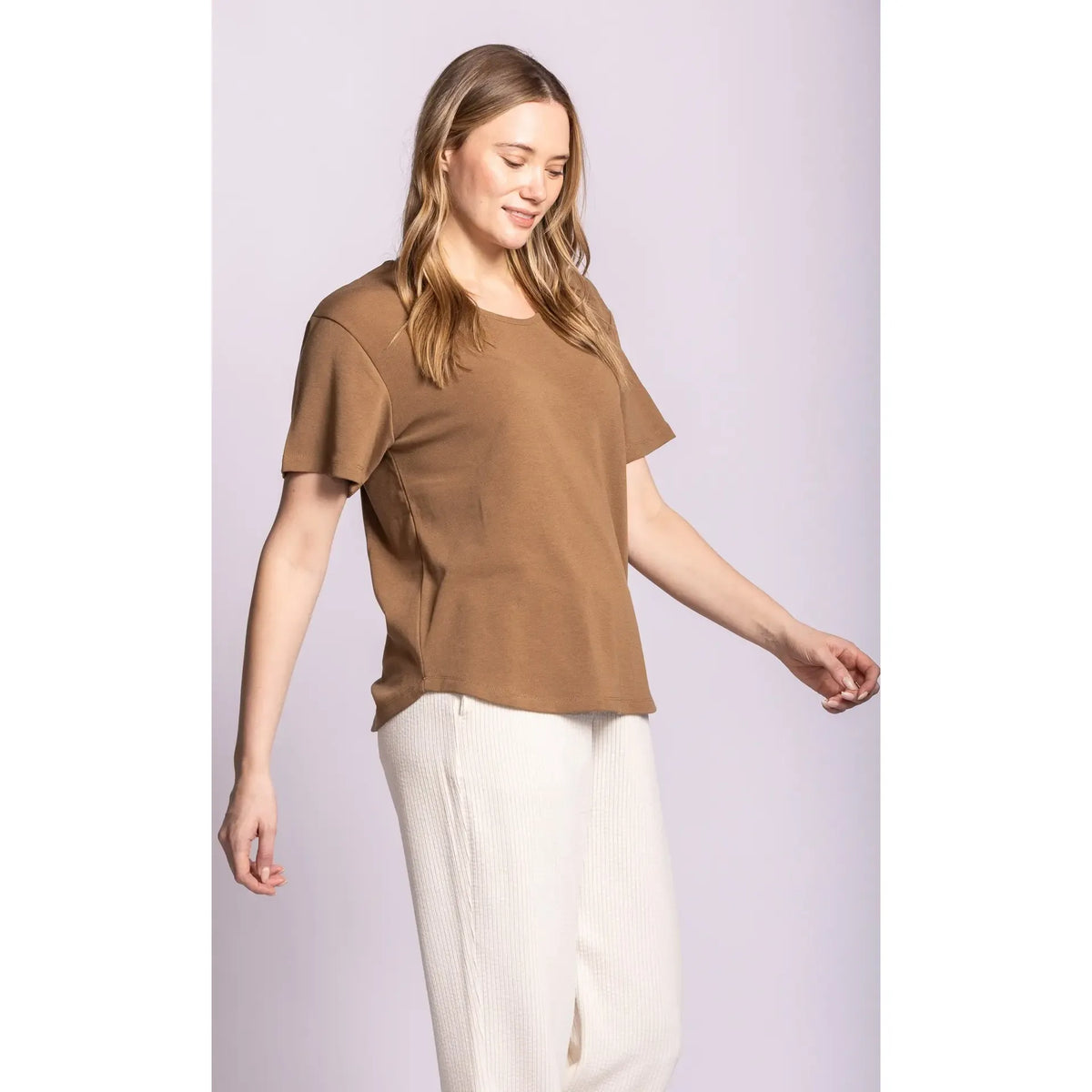 Relaxed fit brown Rhiannon Top with dropped shoulders and scoop neck, featuring a cozy brushed lining for ultimate comfort.