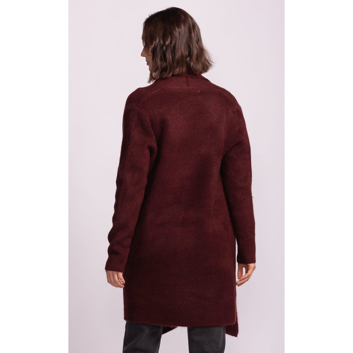 Pink Martini Stockport Jacket aubergine mid-length burgundy wool coat, back view.