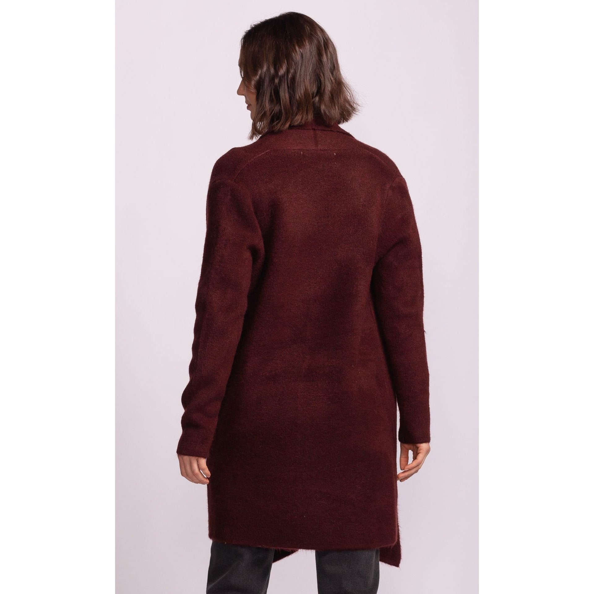 Pink Martini Stockport Jacket aubergine mid-length burgundy wool coat, back view.