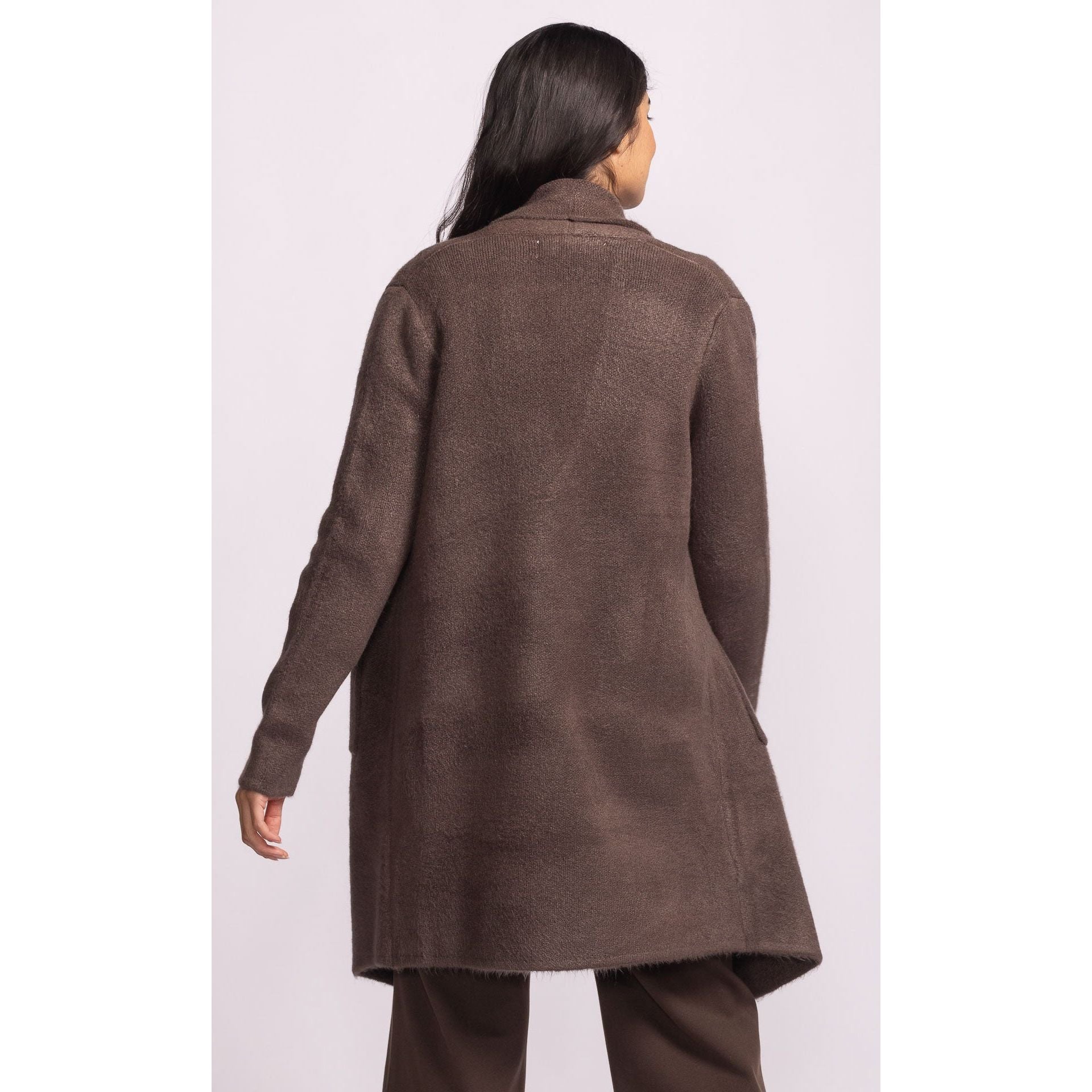 Pink Martini Stockport Jacket in brown, back view shows mid-length, textured boucle coat.