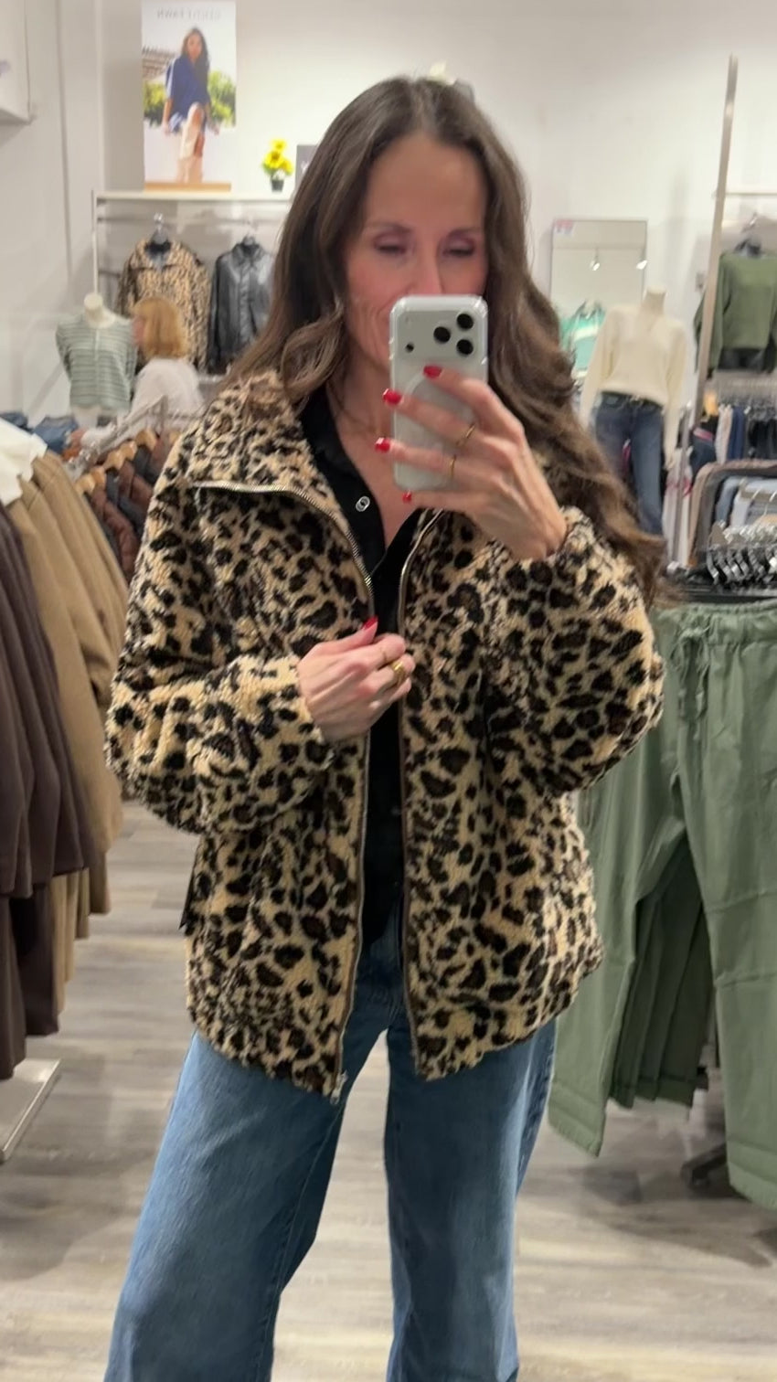 Brunette the Label Leopard Print Sherpa Jacket