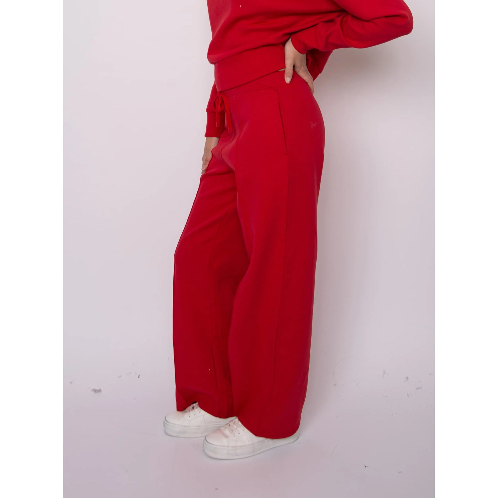 Red Prida Soft Knit Pull-On Drawstring Pant with adjustable waist and relaxed wide-leg fit.