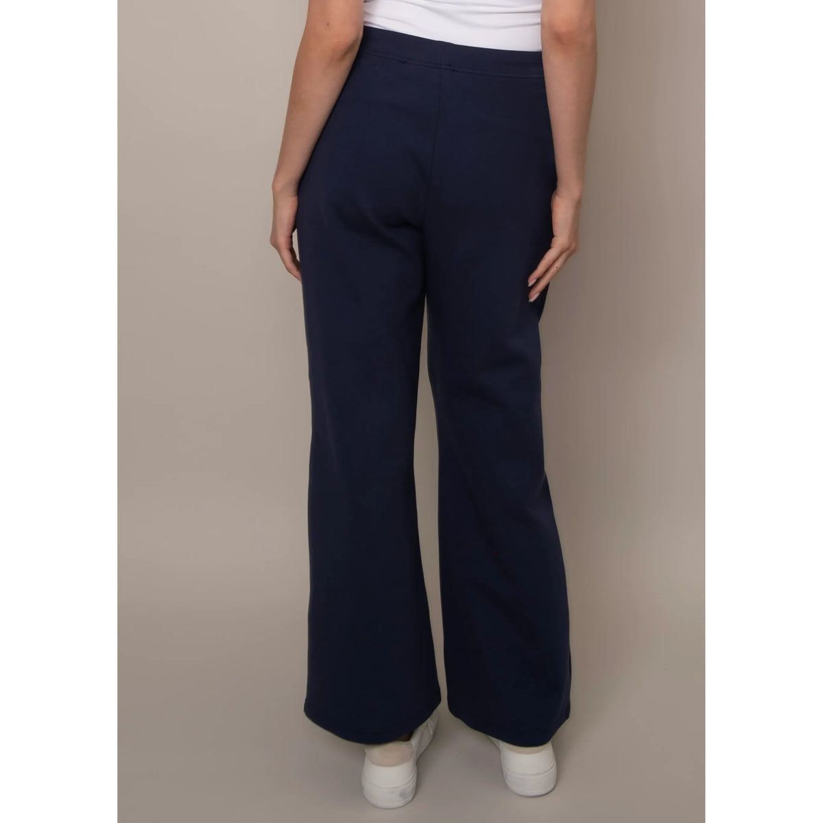 Prida Soft Knit Pull-On Drawstring Pant in navy, wide-leg knit with adjustable waist.