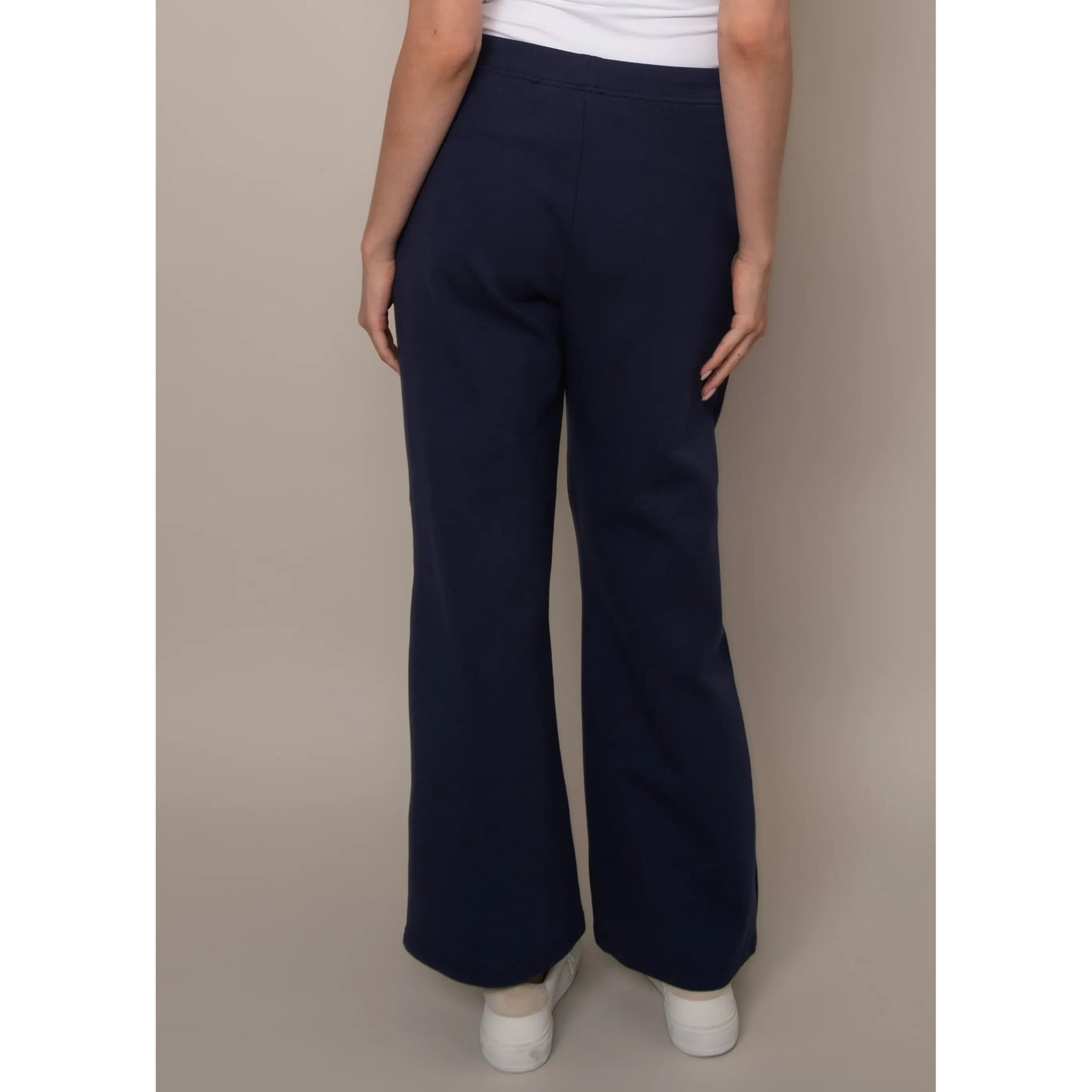 Prida Soft Knit Pull-On Drawstring Pant in navy, wide-leg knit with adjustable waist.
