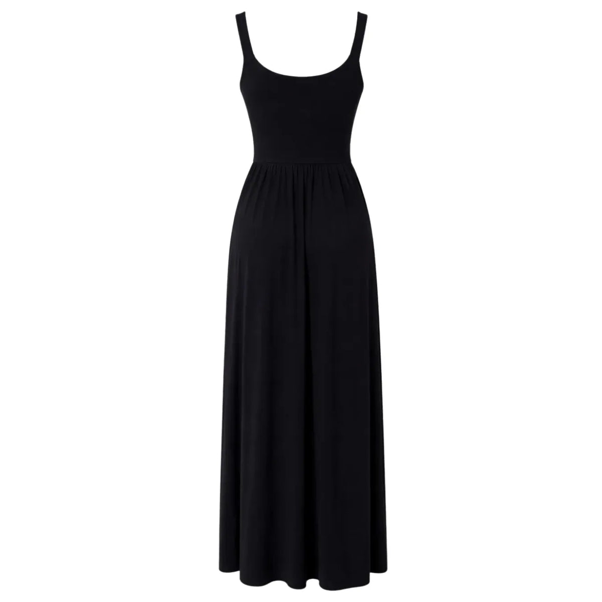 Priv Dawn Maxi Dress in silky jersey, black, sleeveless with scoop neck, fitted waist and full-length, flowing skirt