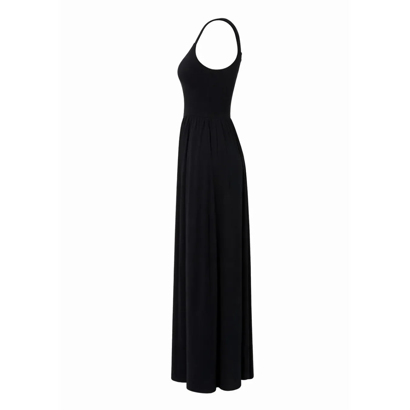 Priv Dawn Maxi Dress in black, halter-neck silhouette with fitted bodice and flowing full-length skirt.