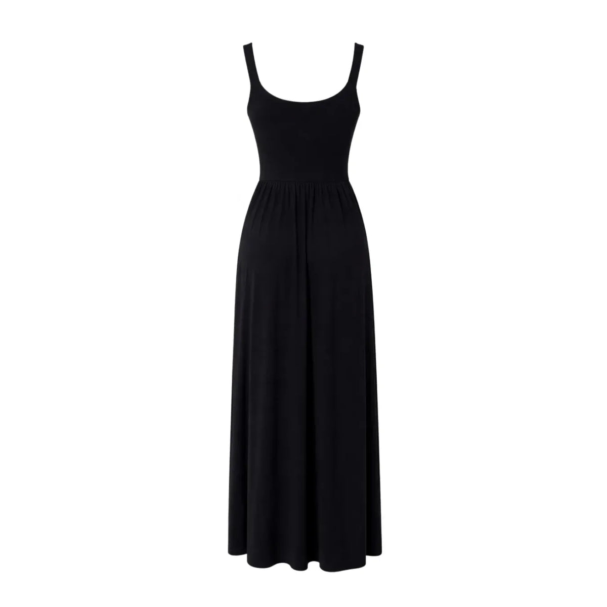 Priv Dawn Maxi Dress, black silky jersey, sleeveless floor-length gown with minimalist, flattering silhouette.