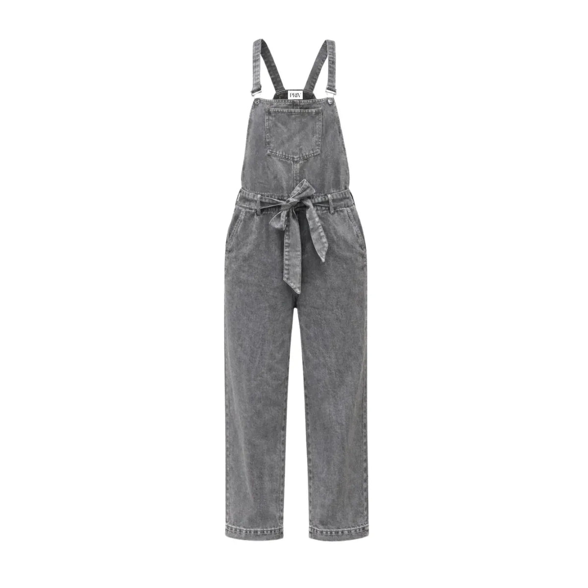 Priv Della Denim Overalls in faded grey denim with a wide-leg silhouette and bow belt.