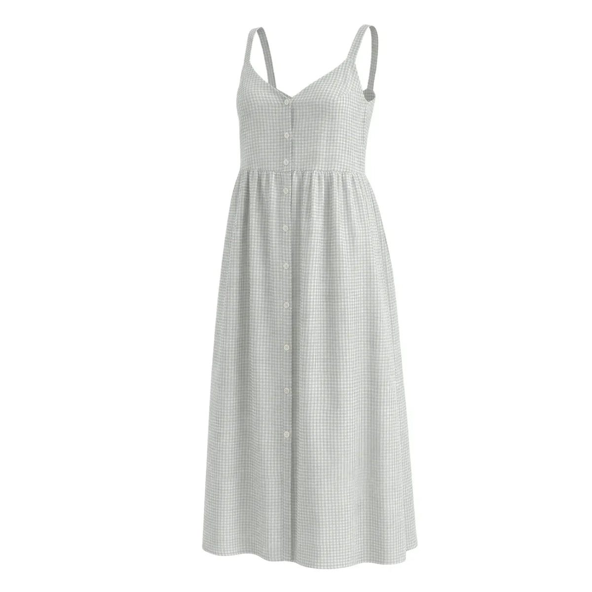 Blue gingham cotton dress with button-down front and spaghetti straps, long flowing maxi cut.
