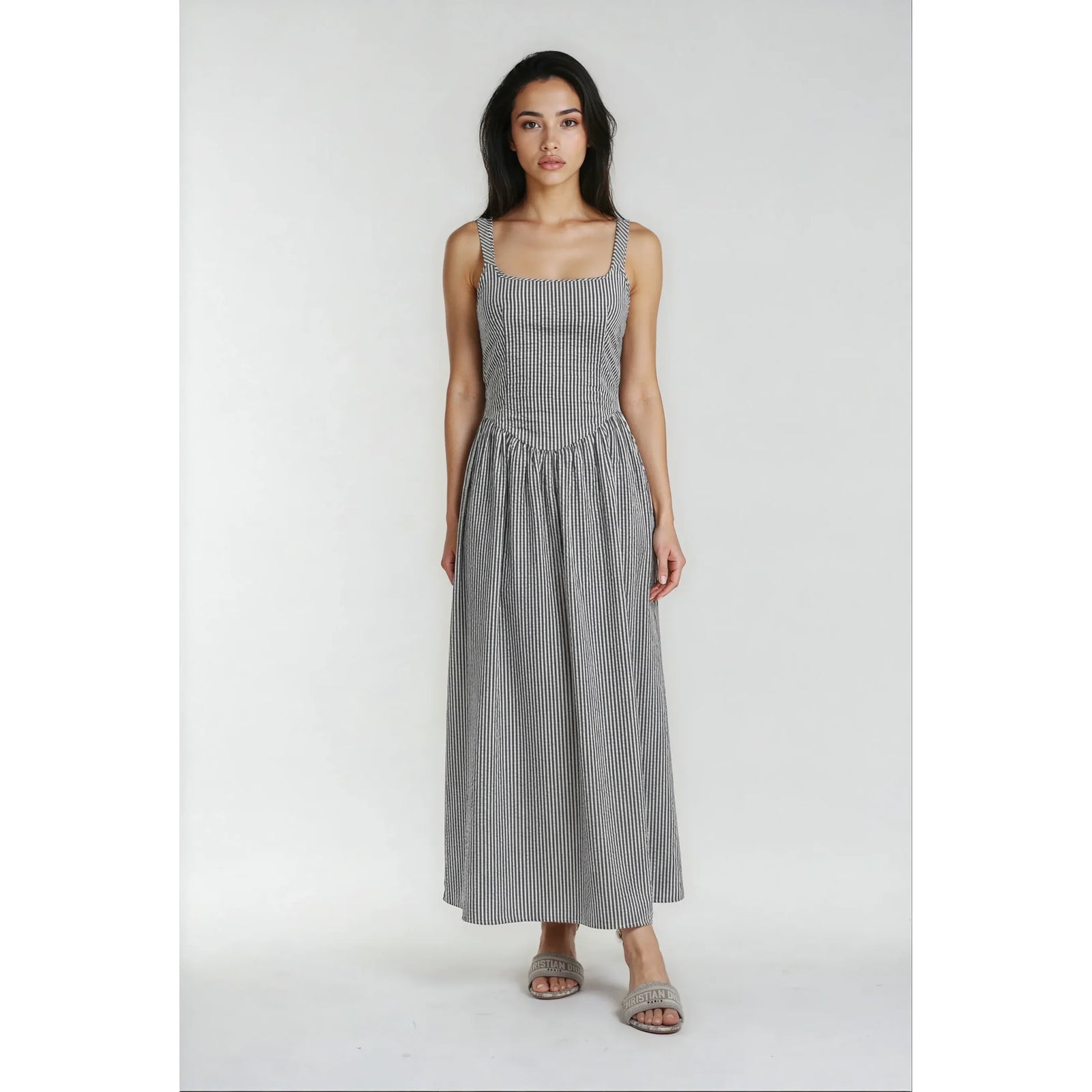 Priv Jules Tie Back Dress in black and white striped crepe, spaghetti-strap midi dress with tie-back detail.